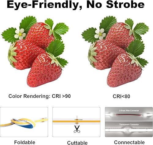 Miniatura 9 de BUNACET COB - Tira de luces LED 20 pies 24 V regulable 3000 K luces LED blancas cálidas para dormitorio con enchufe remoto cinta LED luz de fondo de