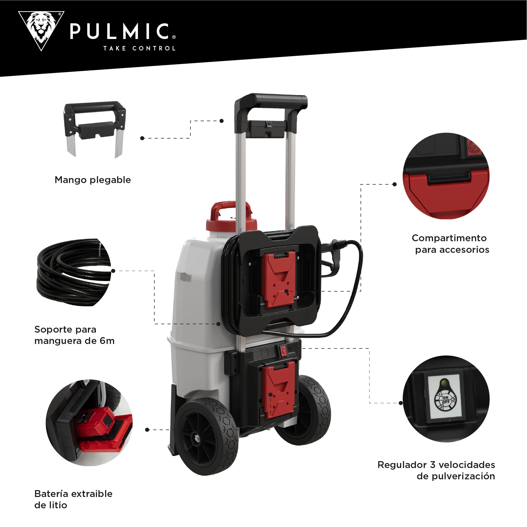 Pulmic Pulverizador a Presión Eléctrico Industrial 35L, 2 Baterías Litio 18V, 7 Bares, 3 Velocidades, Manguera 6M, Boquillas Rápidas, Pulverizador Químicos, Limpieza Tejados, Fachadas y Superficies