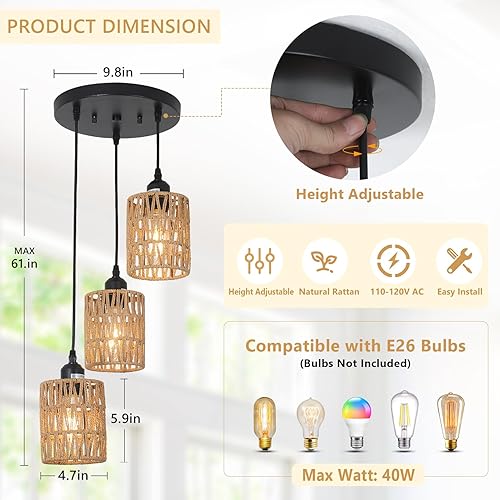 Miniatura 5 de Lámpara colgante de ratán de 3 luces, lámpara colgante de techo para comedor, estilo bohemio, con pantallas de mimbre tejidas a mano para cocina,