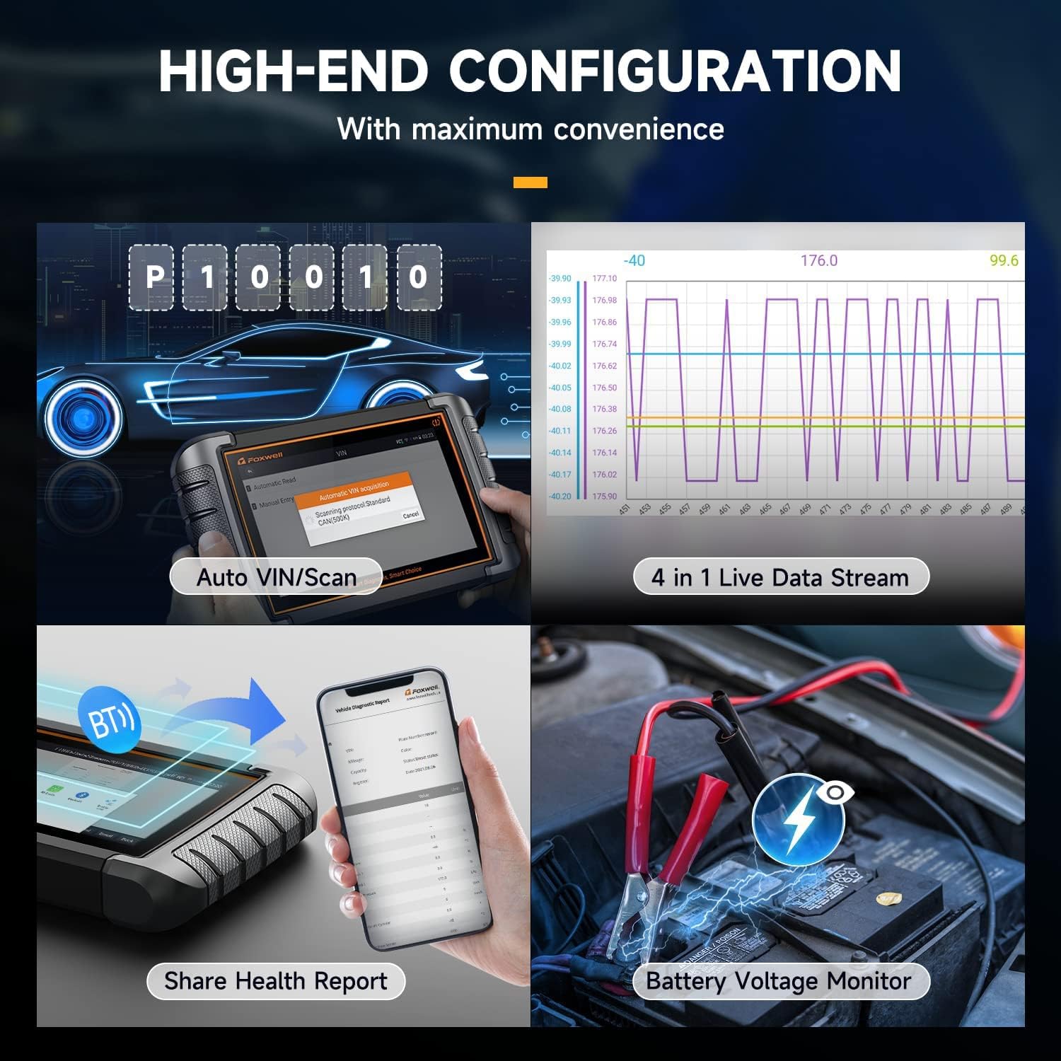 FOXWELL NT809BT Pro displaying live data streams and a battery voltage monitor, showing diagnostic information on the screen.