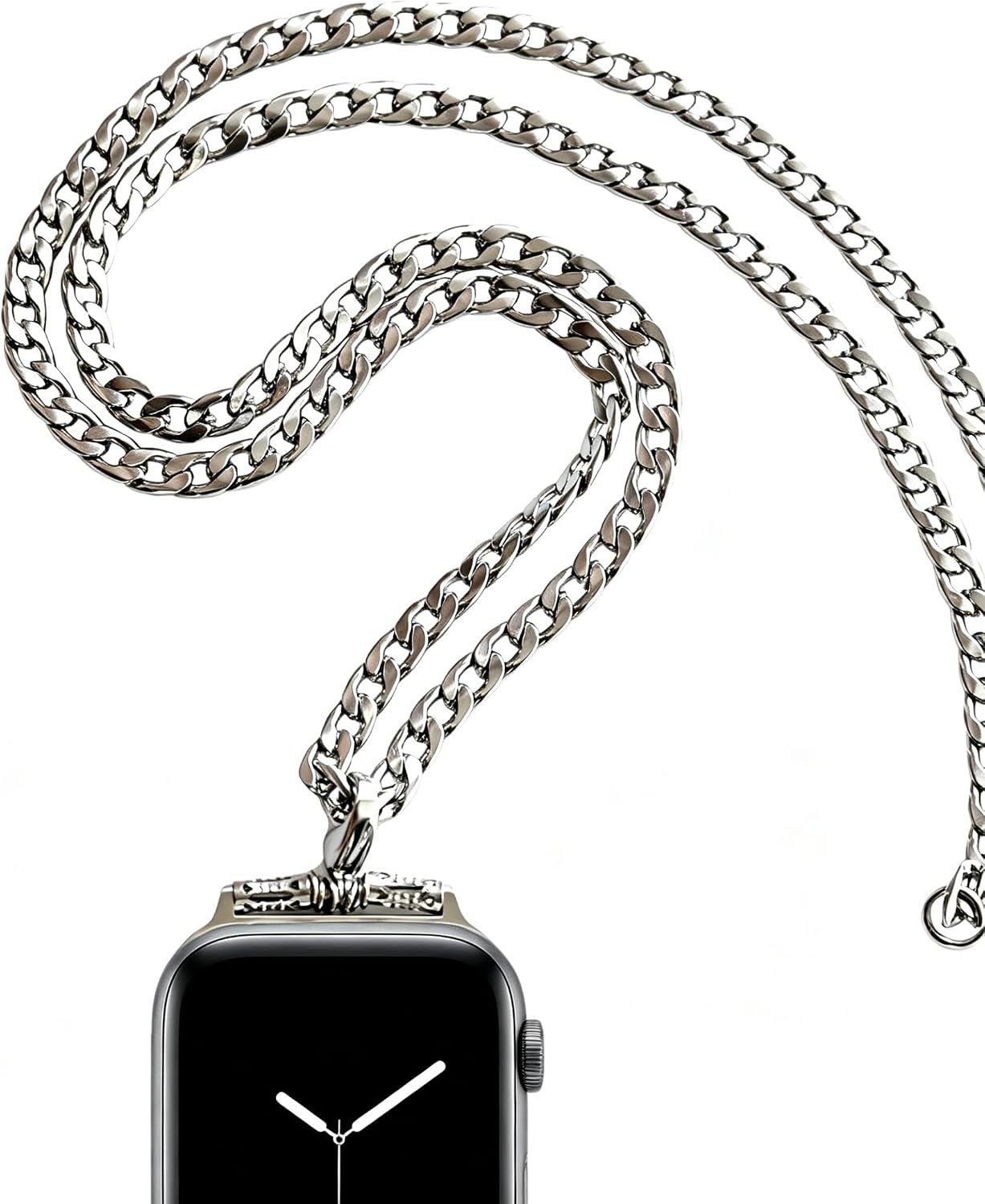 Stainless Steel Chain Necklace Smartwatch Band 42mm Series 3 2 1/44/45/46mm Series 10 9 8 7 6 5 4 New Polished Silver Metal Curb Cuban Strap Rope Neckband Replacement Accessories