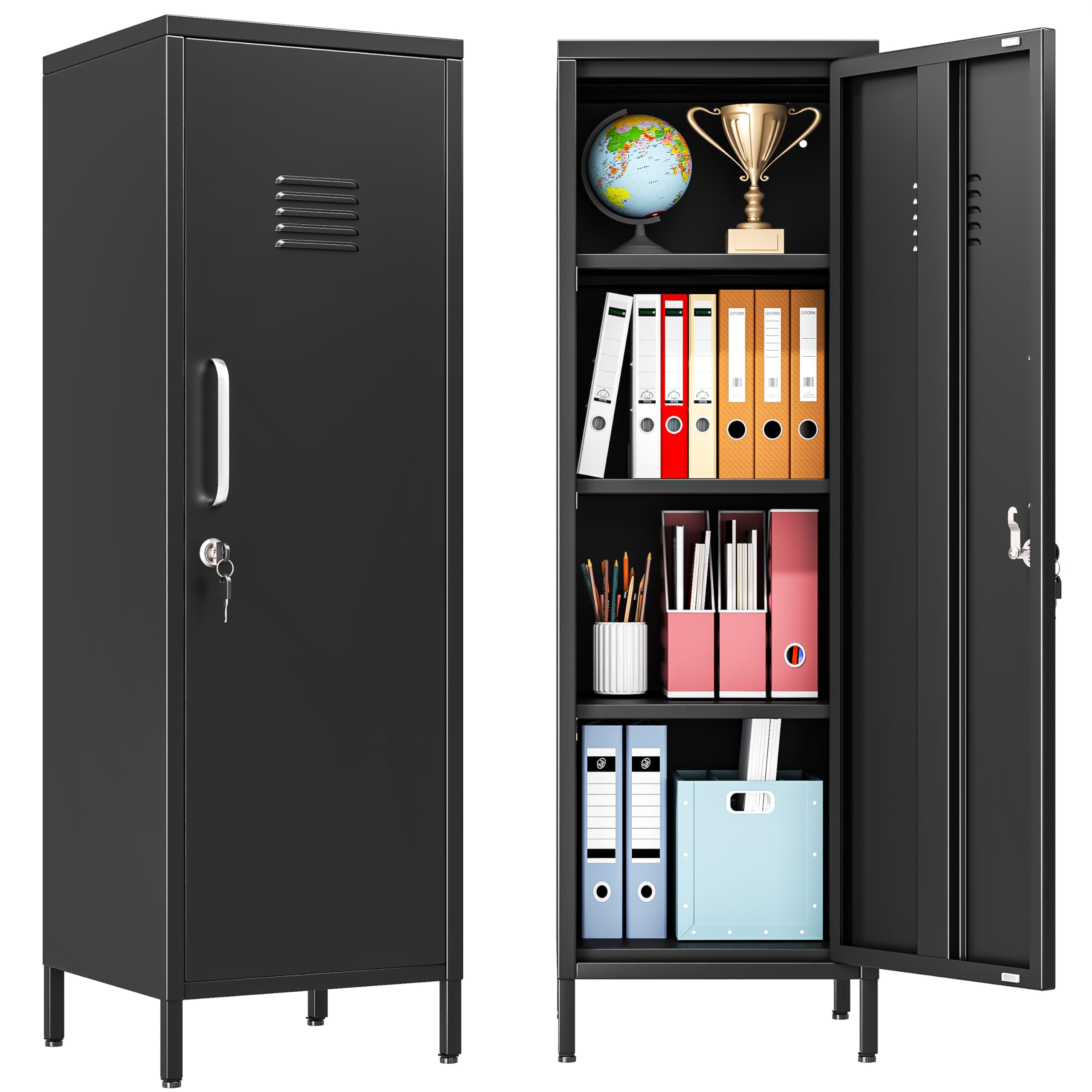 PAOFIN 47" Metal Storage Locker, Lockable Employees Metal Locker with Door and Adjustable Shelves, Steel Locker for Home, School, Office, Gym (Black)