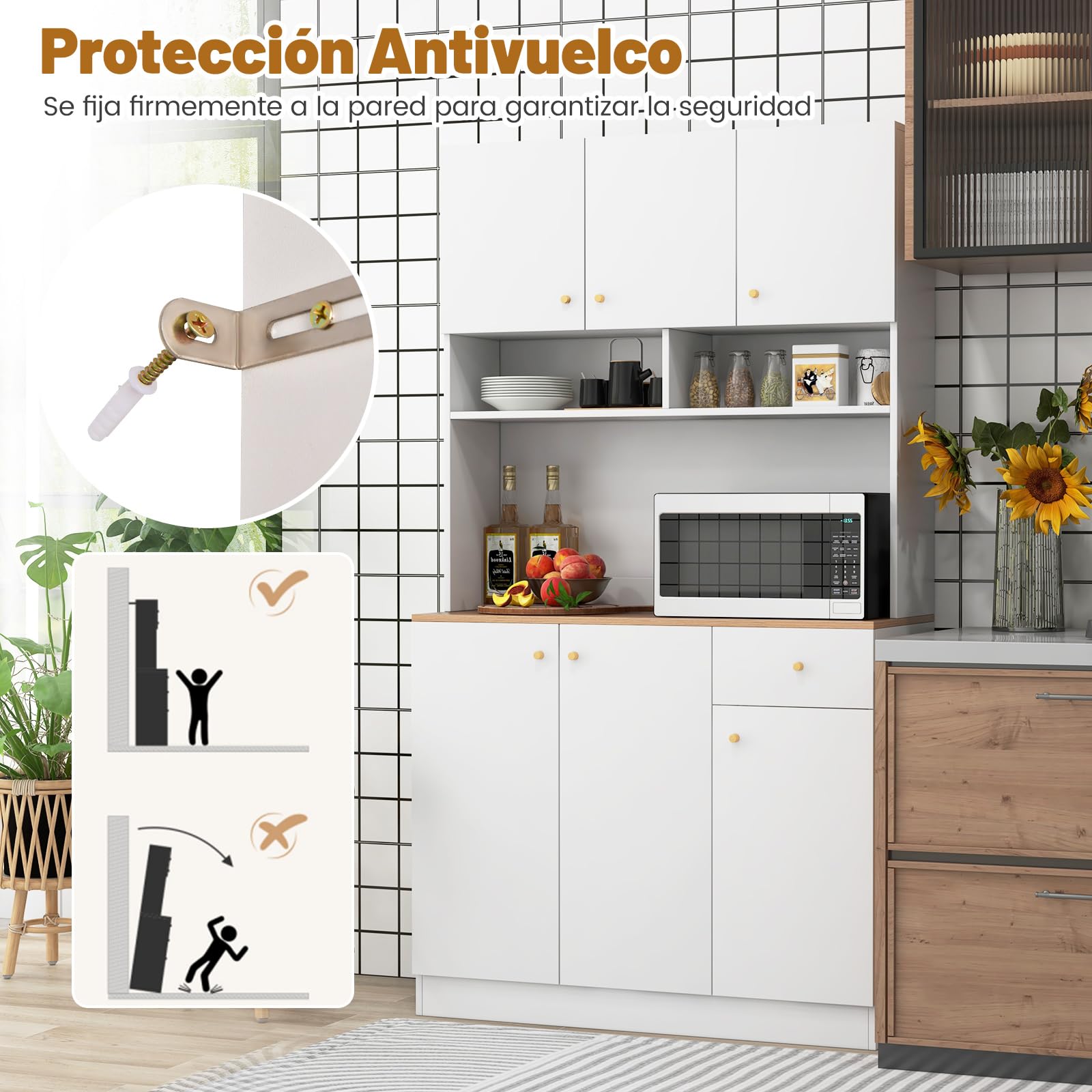 COSTWAY Armario Alacena de Cocina, Aparador Con Tomas de Corriente, Puertos USB, Kits Antivuelco y Estantes Ajustables de 3 Posiciones, Mueble Auxiliar, 100x40x181 cm (Blanco)