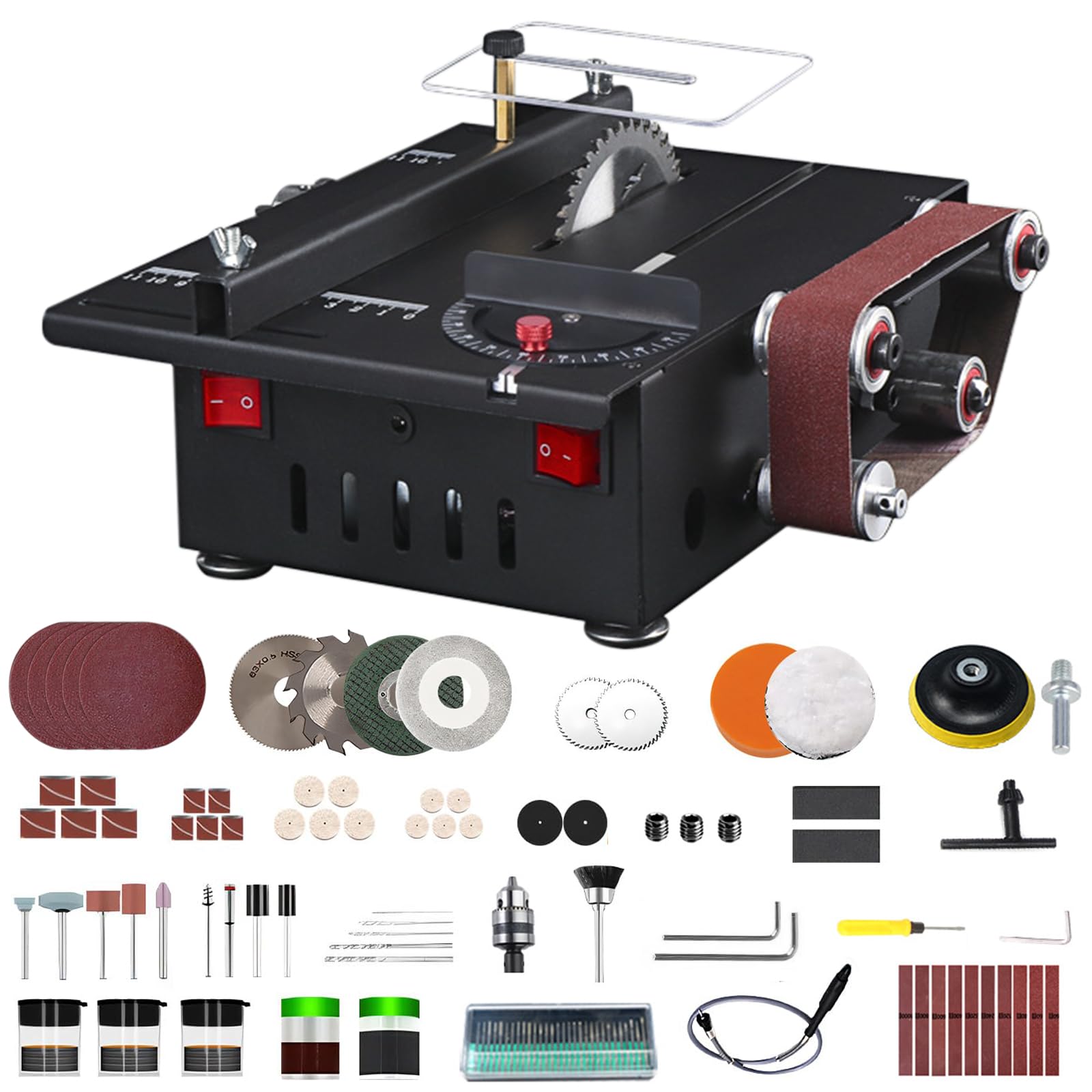 Mini sega circolare da tavolo con 4 lame, sega da taglio e levigatrice a nastro in uno, 600 Watt, multifunzione, portatile, in miniatura, con quattro ventole, accessori completi