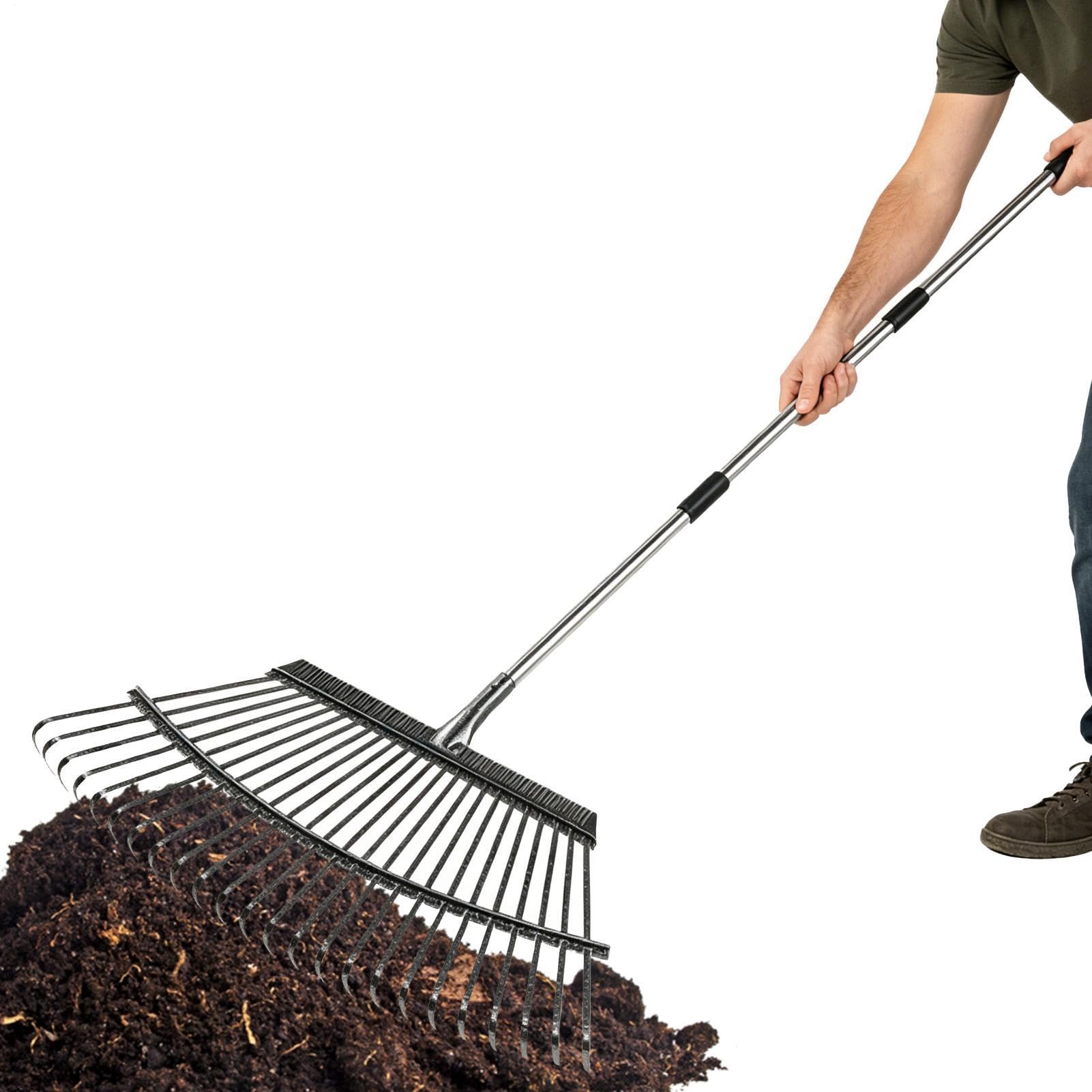 Rastrillo Césped | 24 Púas Metal Mango Largo Herramientas Jardinería - Rastrillo para Césped, Jardín, Y Patio,para Exteriores, Granjas, Parques, Paisajismo, Mujeres, Hombres Jardineros