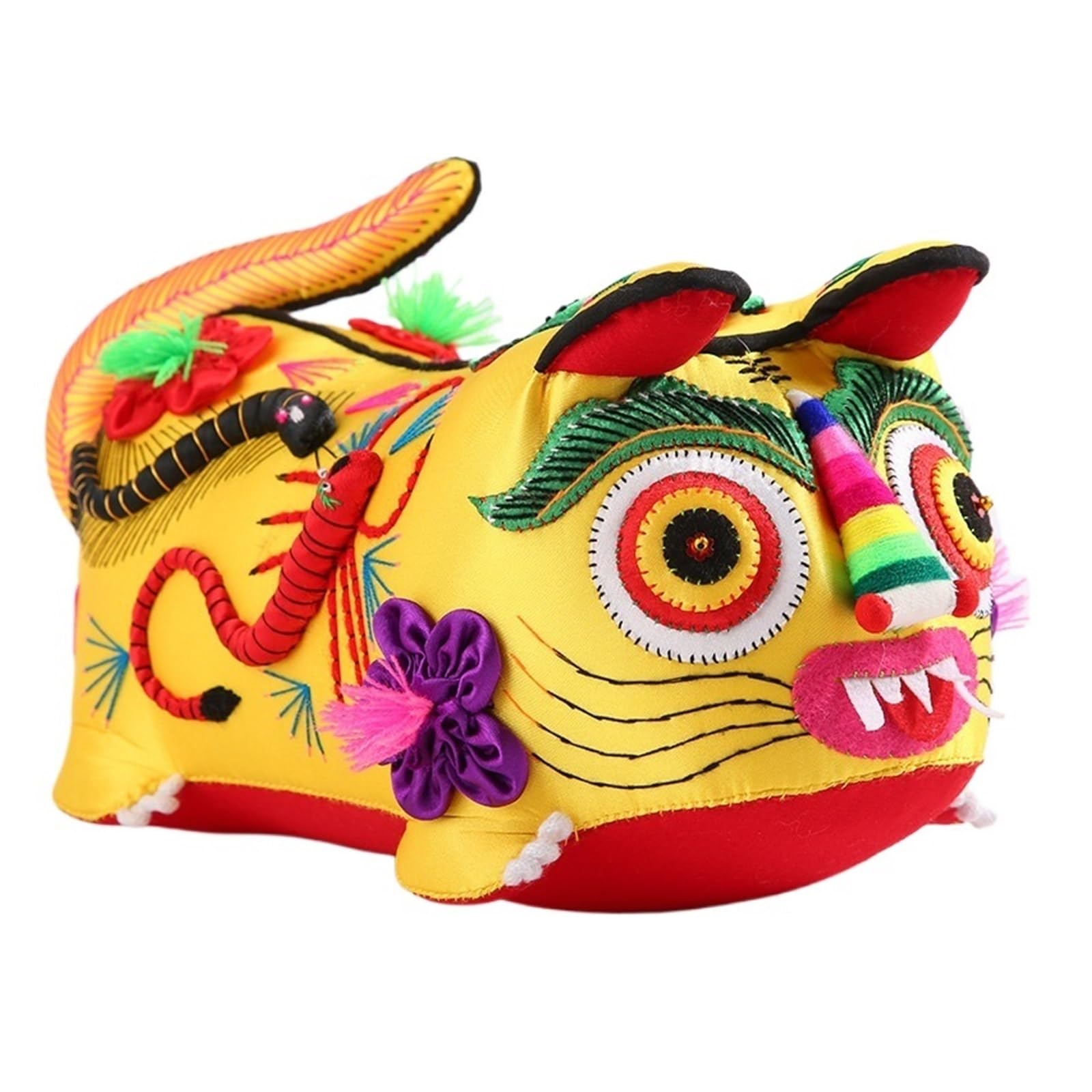 Tigre en tissu artisanal jaune : décoration de maison traditionnelle et haut de gamme