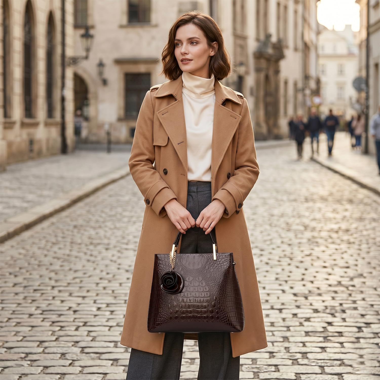Bolsos de Mano con Bandolera en Cuero de Patente de PU para Mujer Bolso de Hombro Bolsos Bandolera Bolso de señora con Estampado de Piel de cocodrilo para Mamá Marrón