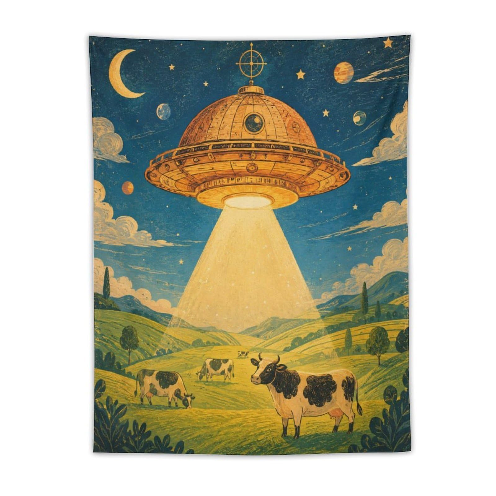 H3B8U2Y5 UFO Cattle Green Pasture Wall Tapestry, Retro Sci Fi