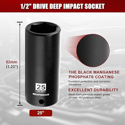 Miniatura 127 de MIXPOWER Enchufe de impacto profundo de 1/2", CR-MO, 1.417 in, métrico, 6 puntos, tuerca de eje de grado de impacto para una fácil extracción