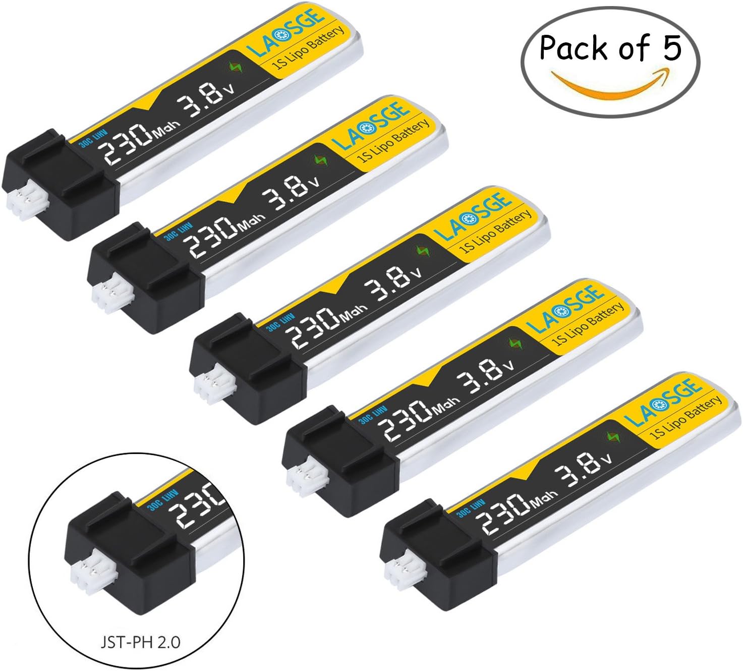 LAOSGE Upgraded 230mAh Lipo Battery for Tiny Whoop Blade Inductrix HV 1S 30C 3.8V JST-PH 2.0 Connector (5 PCS)