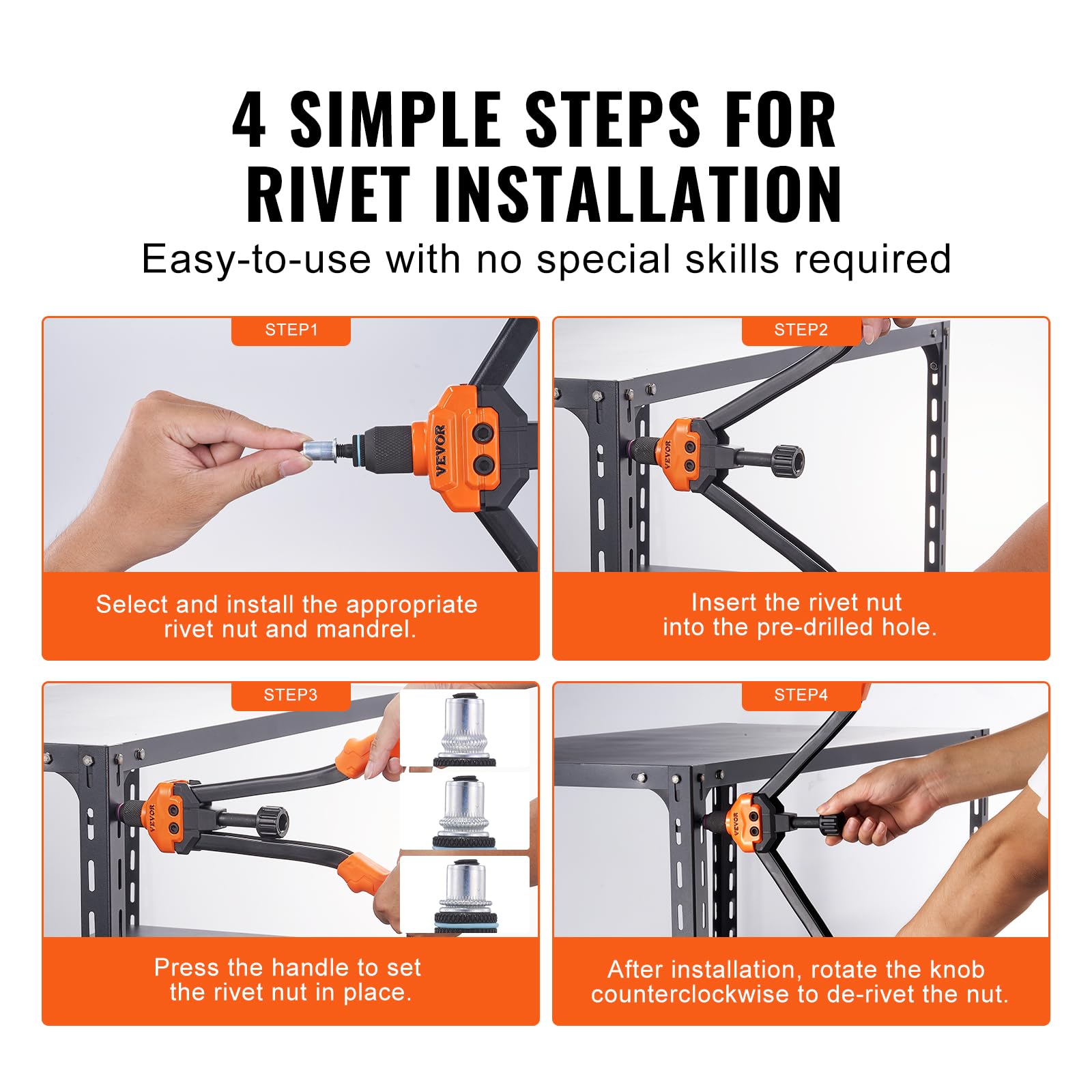 VEVOR Rivettatrice Manuale per Dadi, Pinza Rivettatrice per Inserti Filettati da 41 cm con 13 Mandrini, 186 Dadi in 13 Dimensioni, Strumento per Rivettatura con Valigetta Portatile per Auto Fai-da-Te