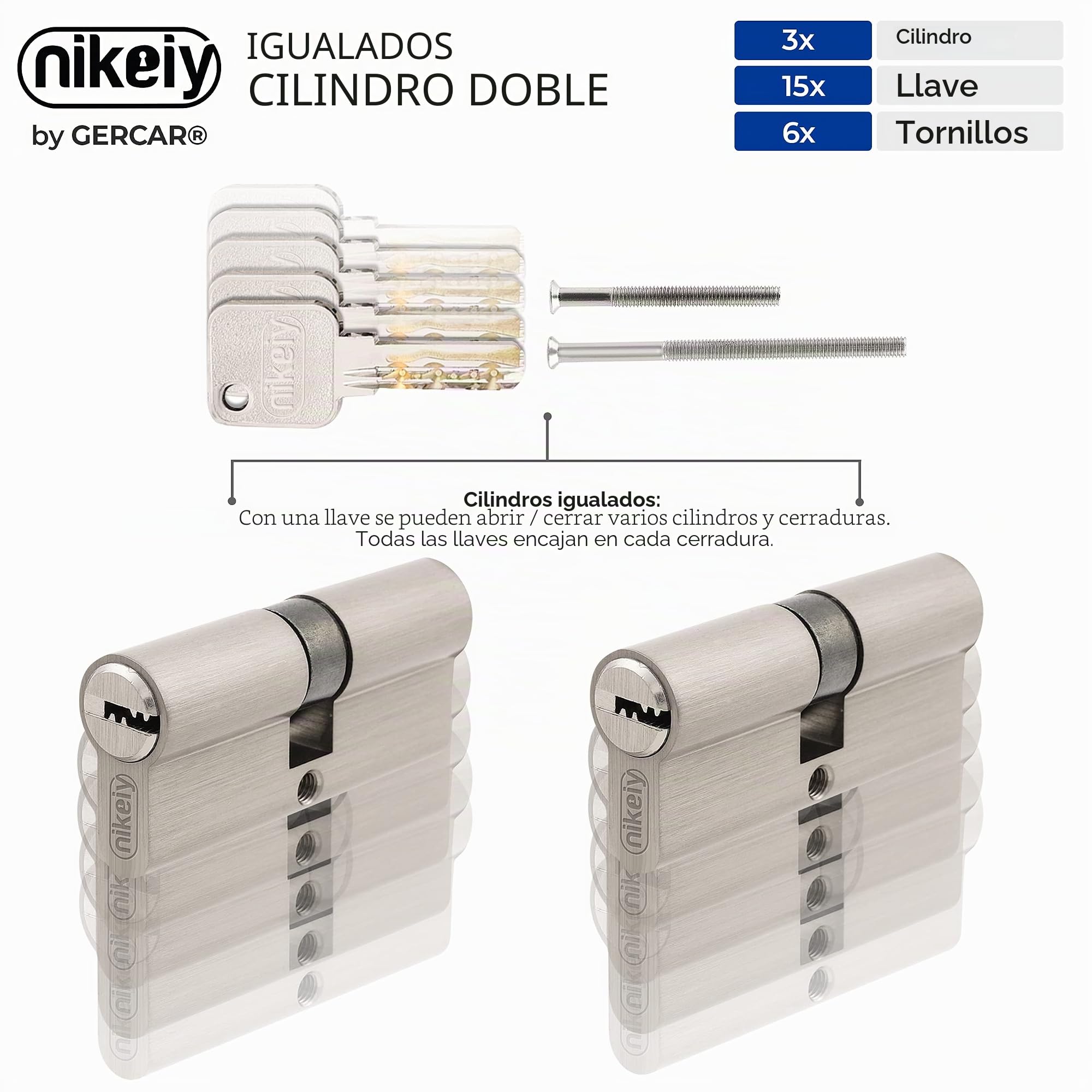 GERCAR Pro 3 Cilindros de Cierre 30/30 Con Cierre Uniforme, 15 Llaves, Cerradura de 60 mm, Longitud: 60 mm, A: 30 B: 30 mm, Latón Macizo Mate