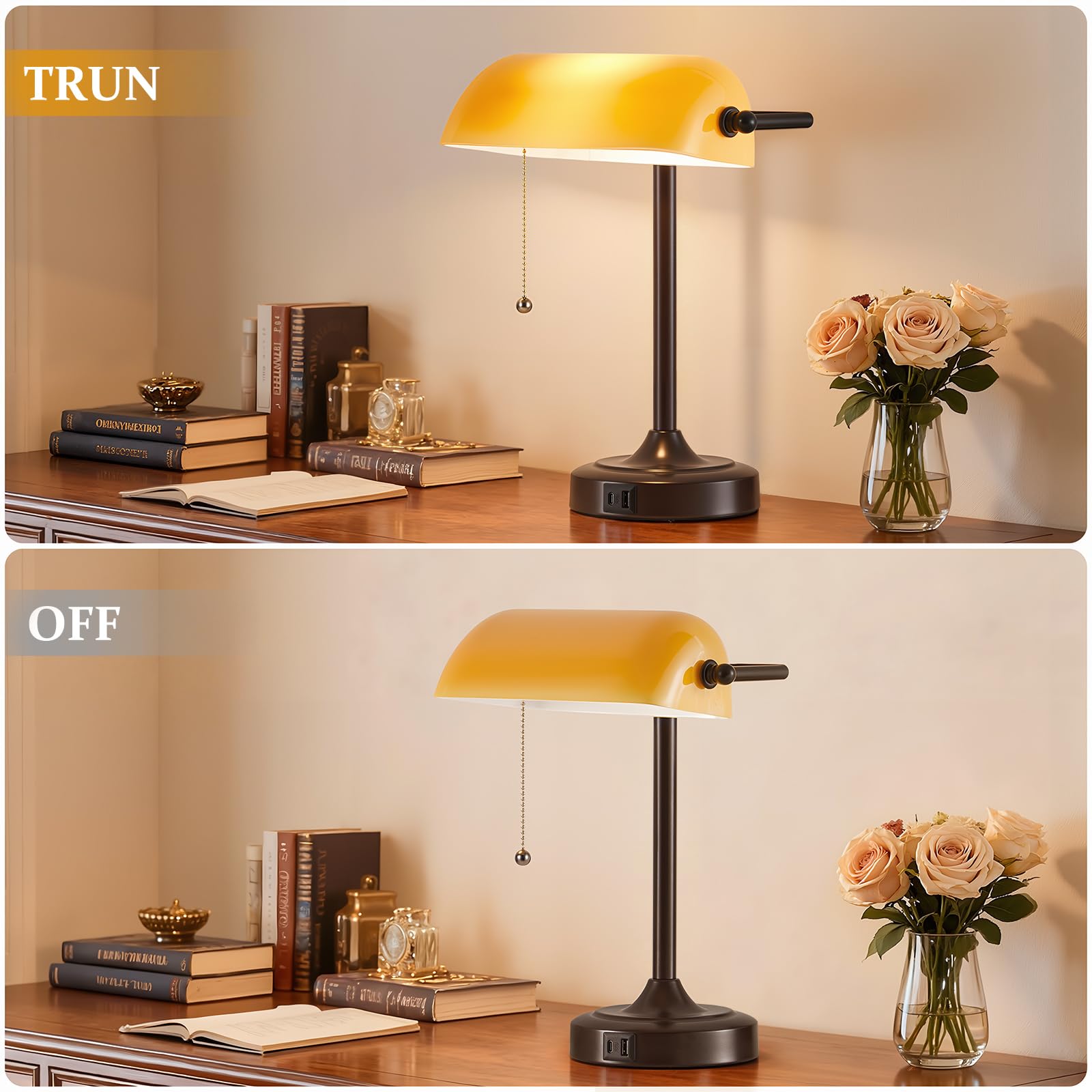 EJIAXIN Vintage Tischlampe für Banker - Retro Schreibtischlampe mit USB und Typ C Ladeanschlüssen mit Zugkettenschalter für Bibliothek, Tischlampe für Schreibtisch