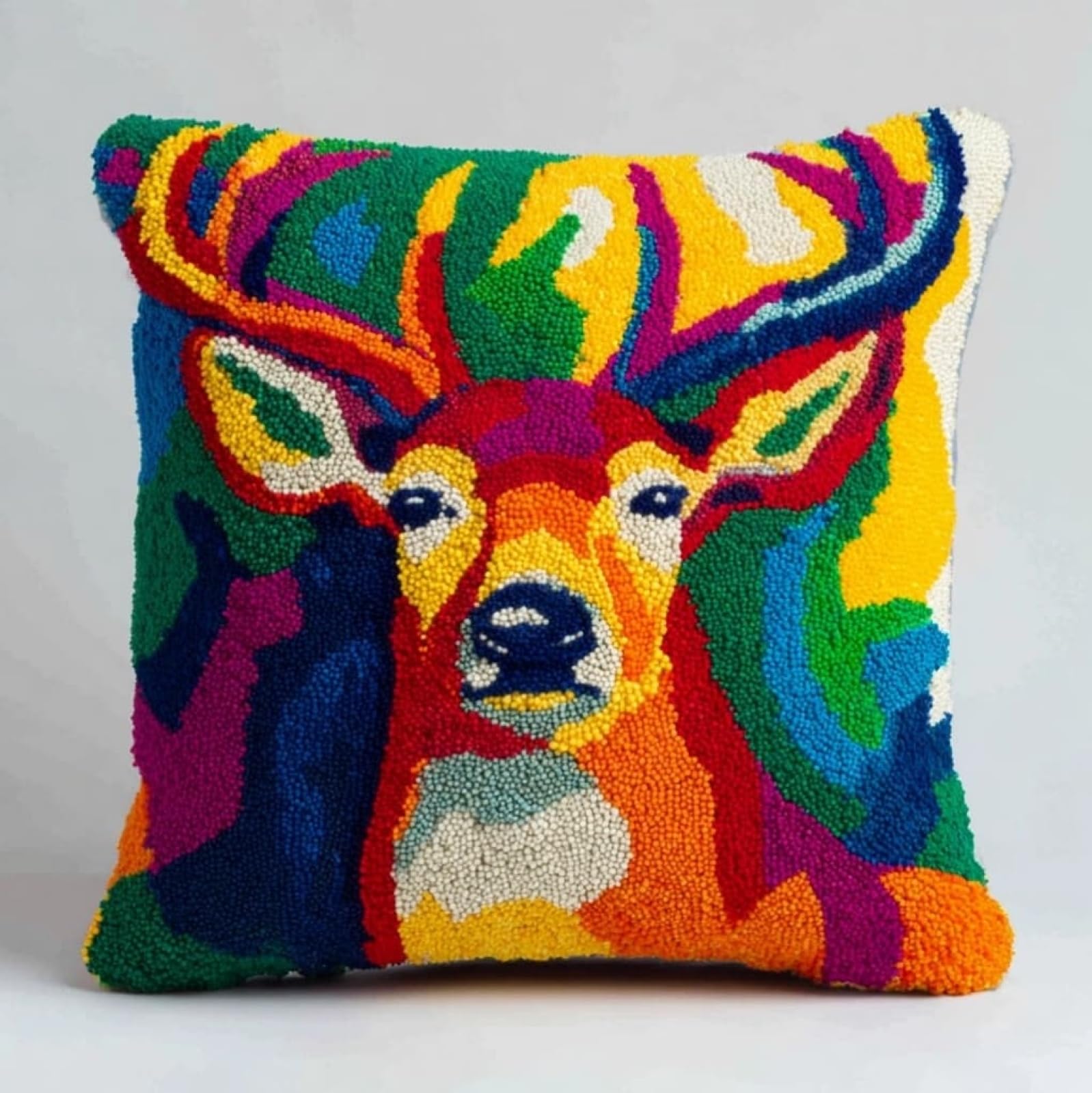 Henypt DIY Latch Hook Kit 43x43cm / 17x17 Inch,Colorful Reindeer Complete Crochet Rug Kit with Yarns & Hook,Creative Needlework Gift for Family