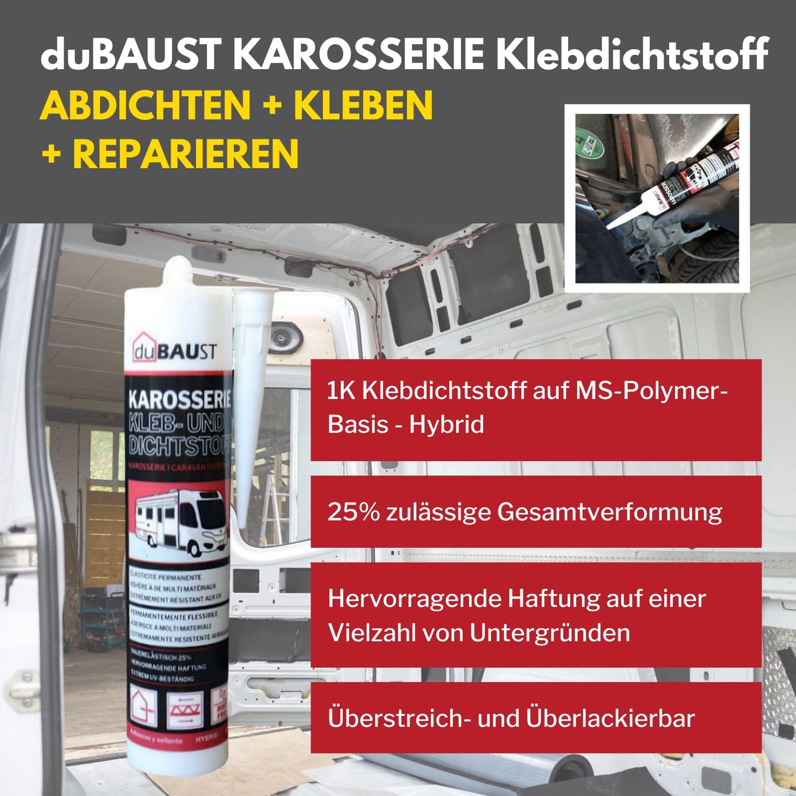 Adhesivo para carrocería, adhesivo de montaje, sellador para auto, autocaravana, interior + exterior, resistente a los rayos UV, adherencia en todas las superficies, adhesivo para caravana
