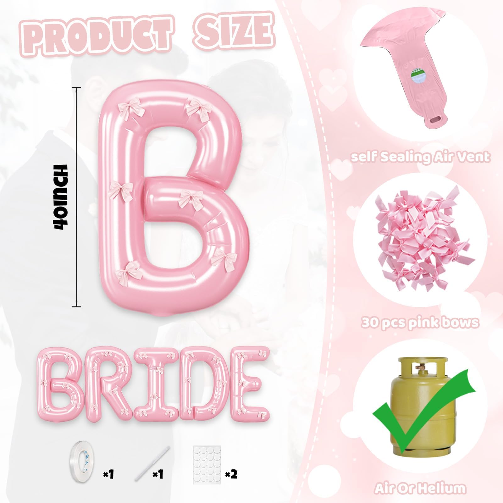 101,6 cm Brautballons Bachelorette, rosa Brautballons mit rosa Schleife für Junggesellinnenabschied, riesige Hochzeits-Folienballon, Buchstabenbanner für Hochzeit, Verlobung, zukünftige Braut