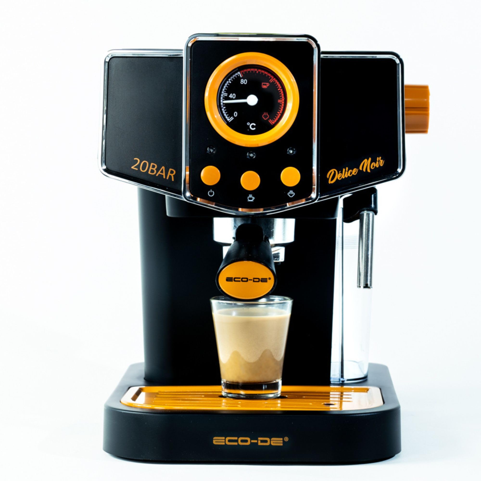 ECODE® Espressomaschine Maschine Delice Schwarz, 20 Bar Druck, Vaporizer Schwenkbar - Maschine mit Tank 1,5 L, milchaufschäumer, Ein-/Doppeldosierung, Manometer mit Temperatur - Kaffeemaschine