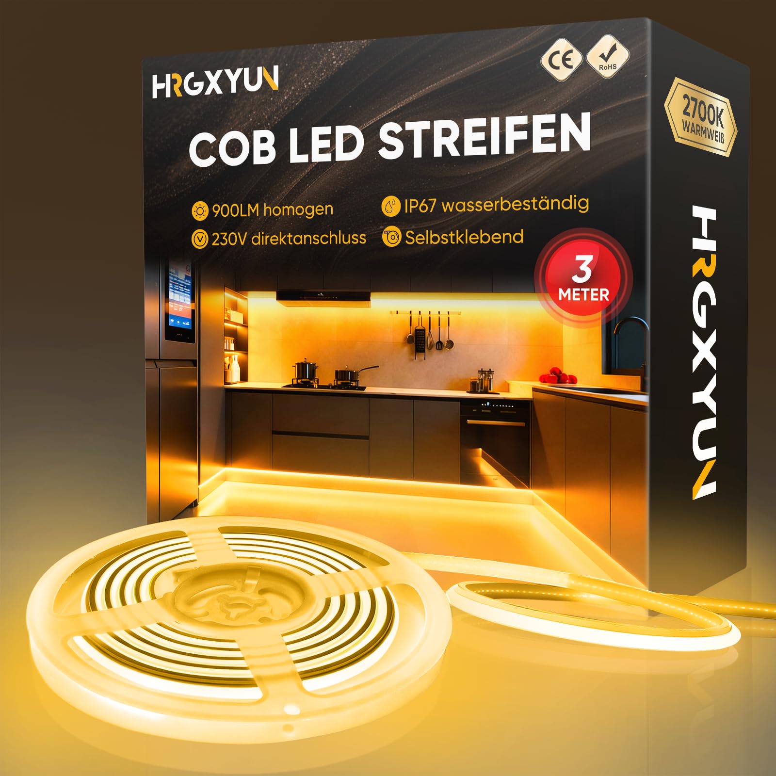 Striscia LED COB Neon AC 230 V, luce bianca calda, 3 m