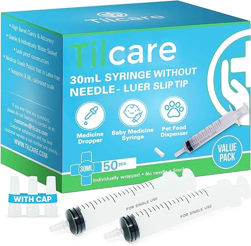 Tilcare - Jeringa dispensadora oral de 1.0 fl oz con tapa, paquete de 50 unidades, goteros de plástico estéril Luer Slip para niños, mascotas y