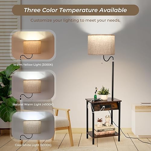 Miniatura 4 de FIMEI Lámpara de pie con mesa, mesa auxiliar con estación de carga, puertos USB y tomacorrientes, mesita de noche con luz de lectura de temperatura