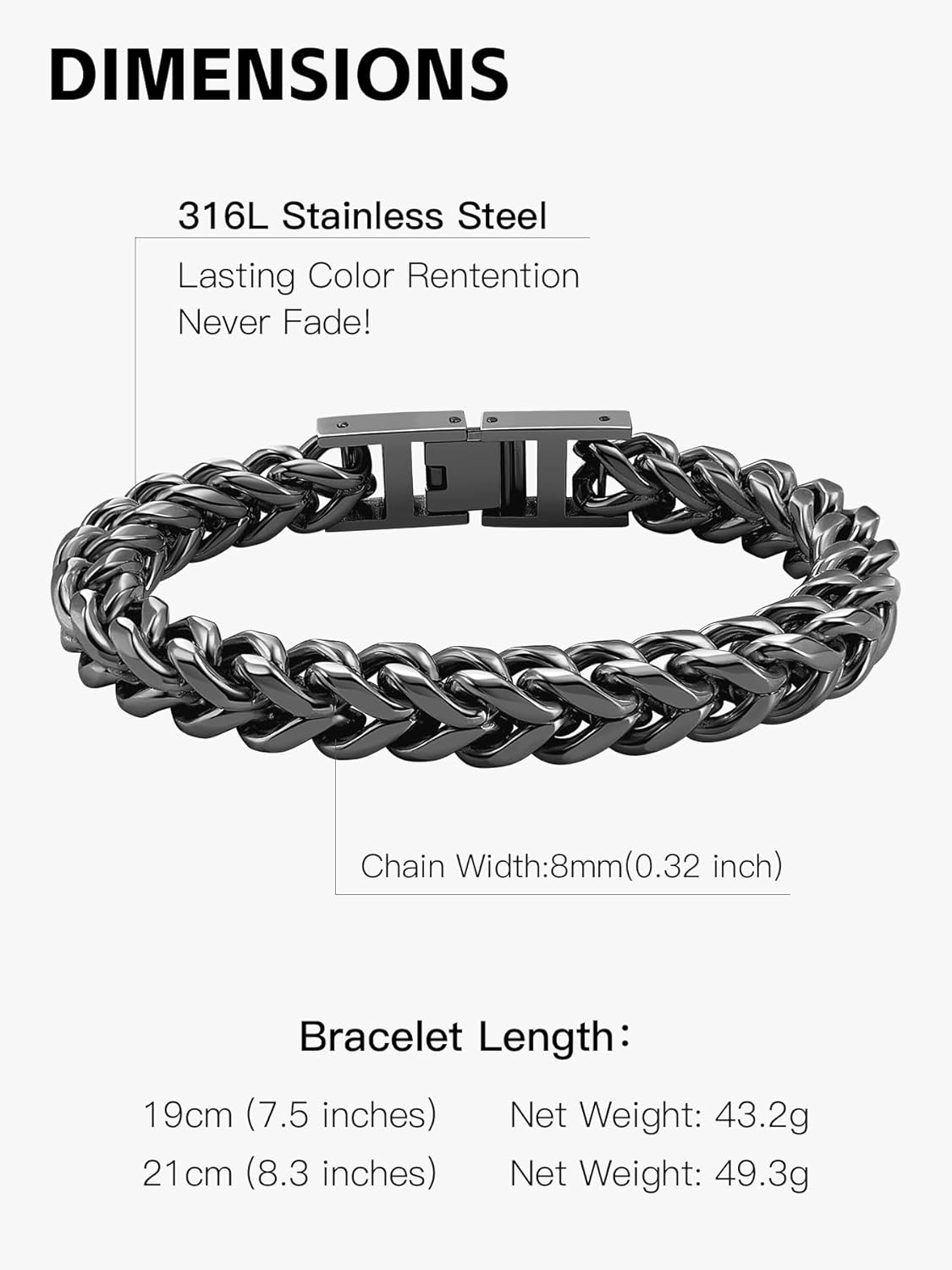 Mens Franco Chain Bracelet - 5MM, 8MM, 10MM Width - Stainless Steel/Black Metal/18K Gold Metal - Fold Over Clasp Jewelry Gift for Men, Dad, Husband - Image 6