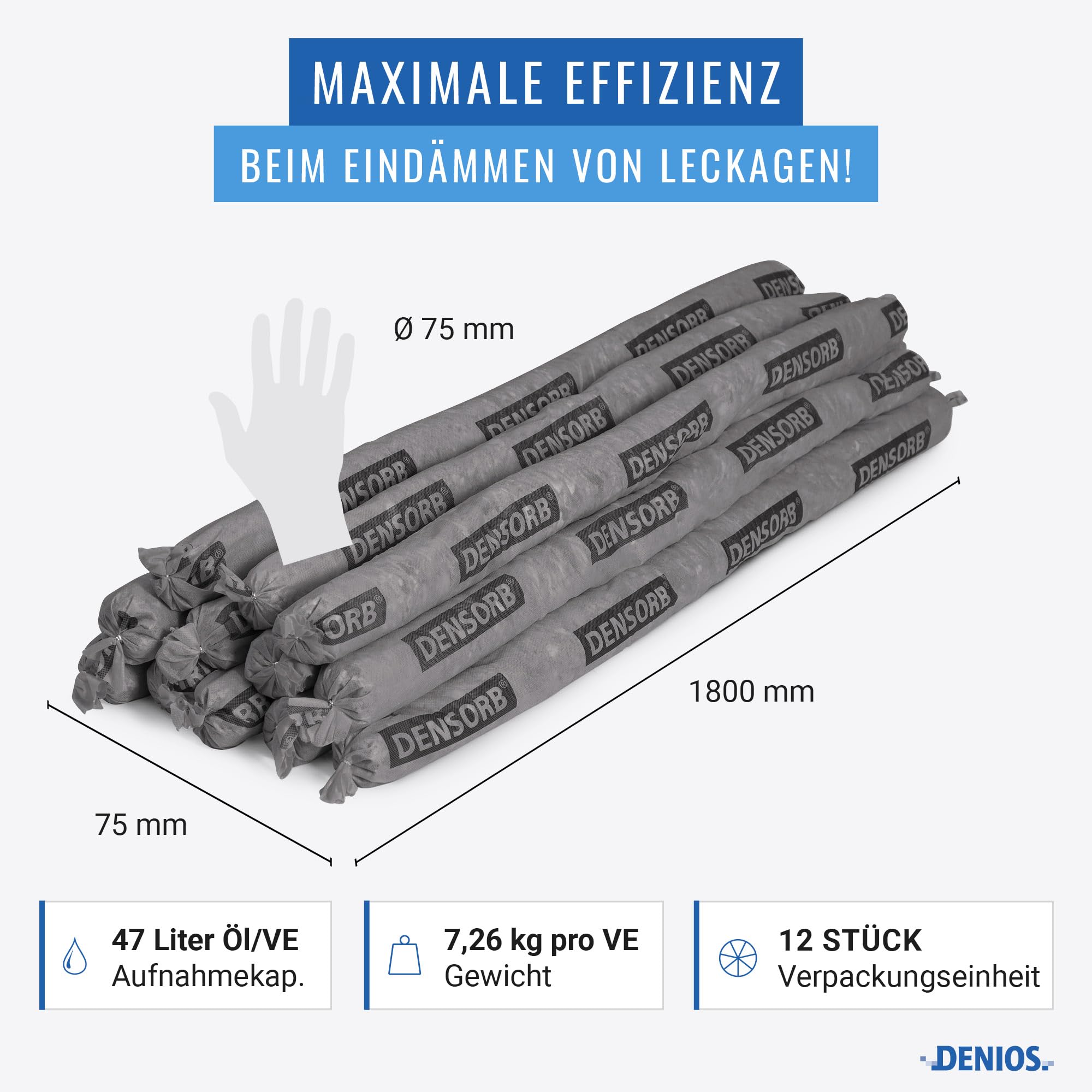 DENSORB Universalbindemittel Aufsaug-Schlangen zum Eindämmen von Leckagen, Länge 1,8 m, 12 Stück