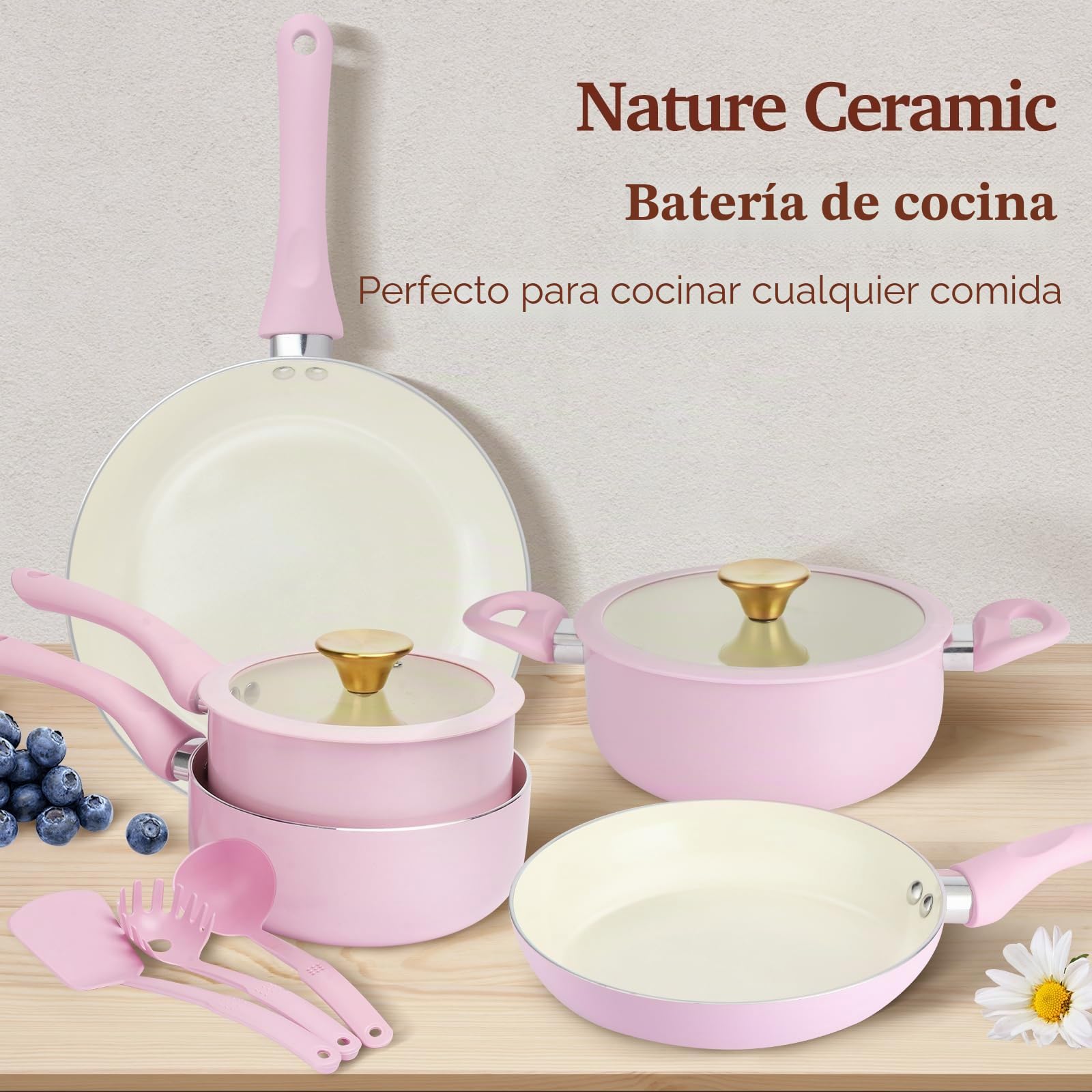 M MELENTA Juego de ollas y sartenes antiadherentes, 11 piezas de cerámica para inducción, juego de utensilios de cocina no tóxicos con sartenes, juego de cacerolas, 100% libre de PFOA, rosa