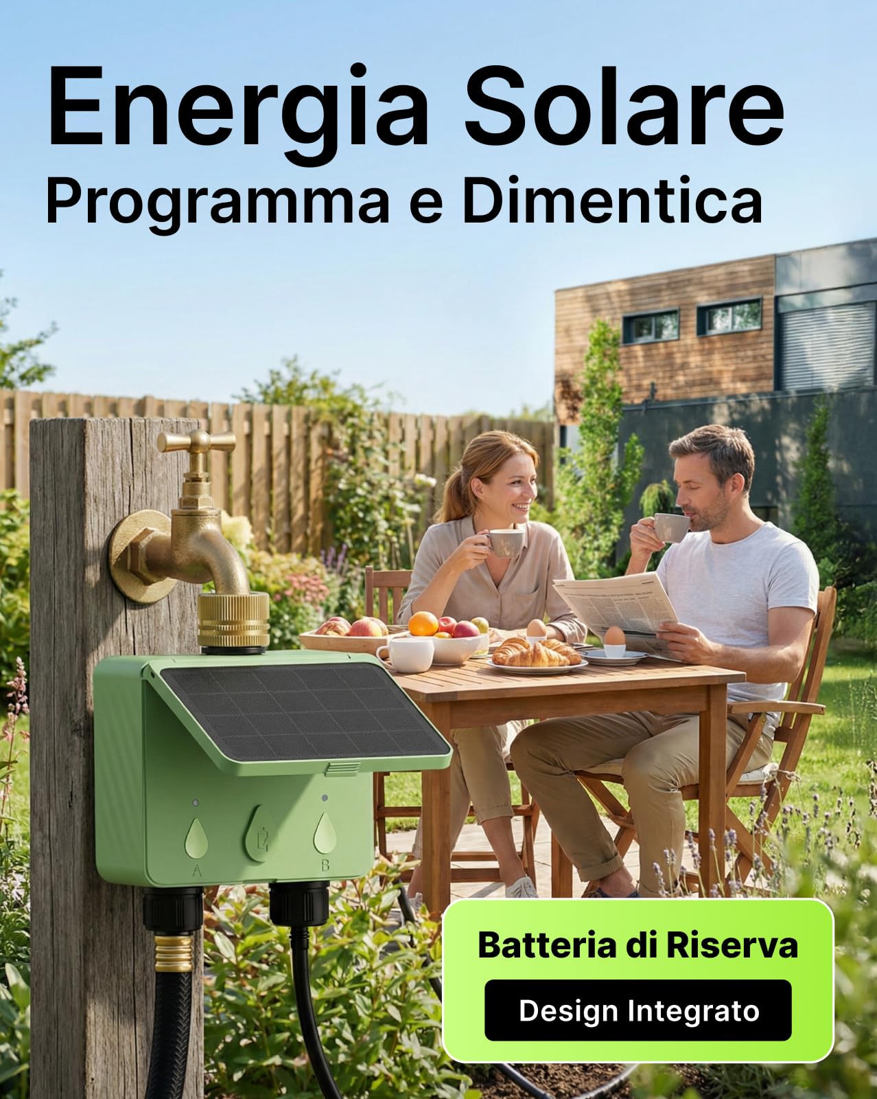 Centralina Irrigazione WiFi 2 Vie Solare, Computer Irrigazione Connesso con Flussometro, Senza Hub, Ingresso dell'acqua in Ottone, Irrigazione Automatica per Giardino (App/Alexa)