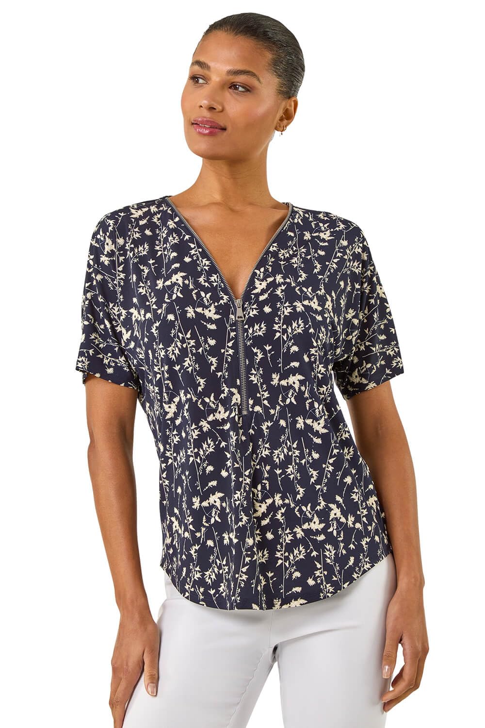 Roman Originals Women's Floral Navy Roman Front Zip Top For Uk Brushed Blouse Soft Jumper Smart Casual Work Winter Autumn Spring Warm Long 3/4 Short Sleeve V Neck Sweater T-Shirts - Size 16