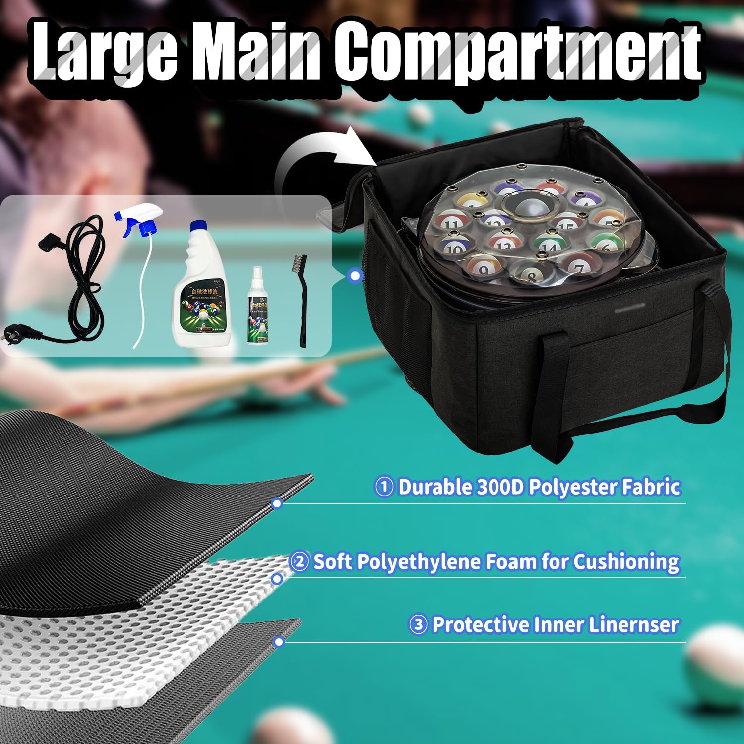 Pool Ball Cleaner Storage Bag, Carrying Case for Most Pool Ball Cleaner Machines, Thick Foam-Padded Protective Organizer with Pockets for Billiard Accessories, Black (Bag Only)
