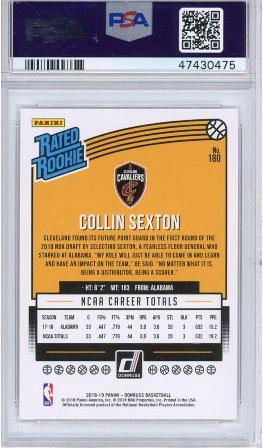 Graded 2018-19 Panini Donruss Collin Sexton #180 Rookie RC Basketball Card PSA 10 Gem Mint