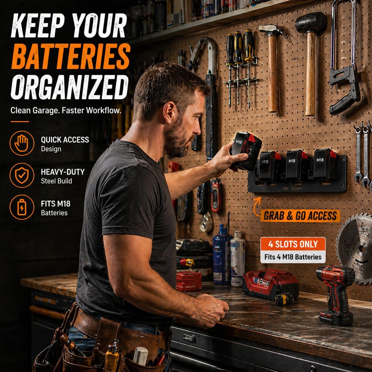 Metal Battery Holder for Milwaukee M18 & Dewalt 18V/20V,Durable Battery Wall Mount Rack for M18 18V Battery,Battery Storage with 4 Slots,Battery Mount Organizer,Black,Patented Design!!!