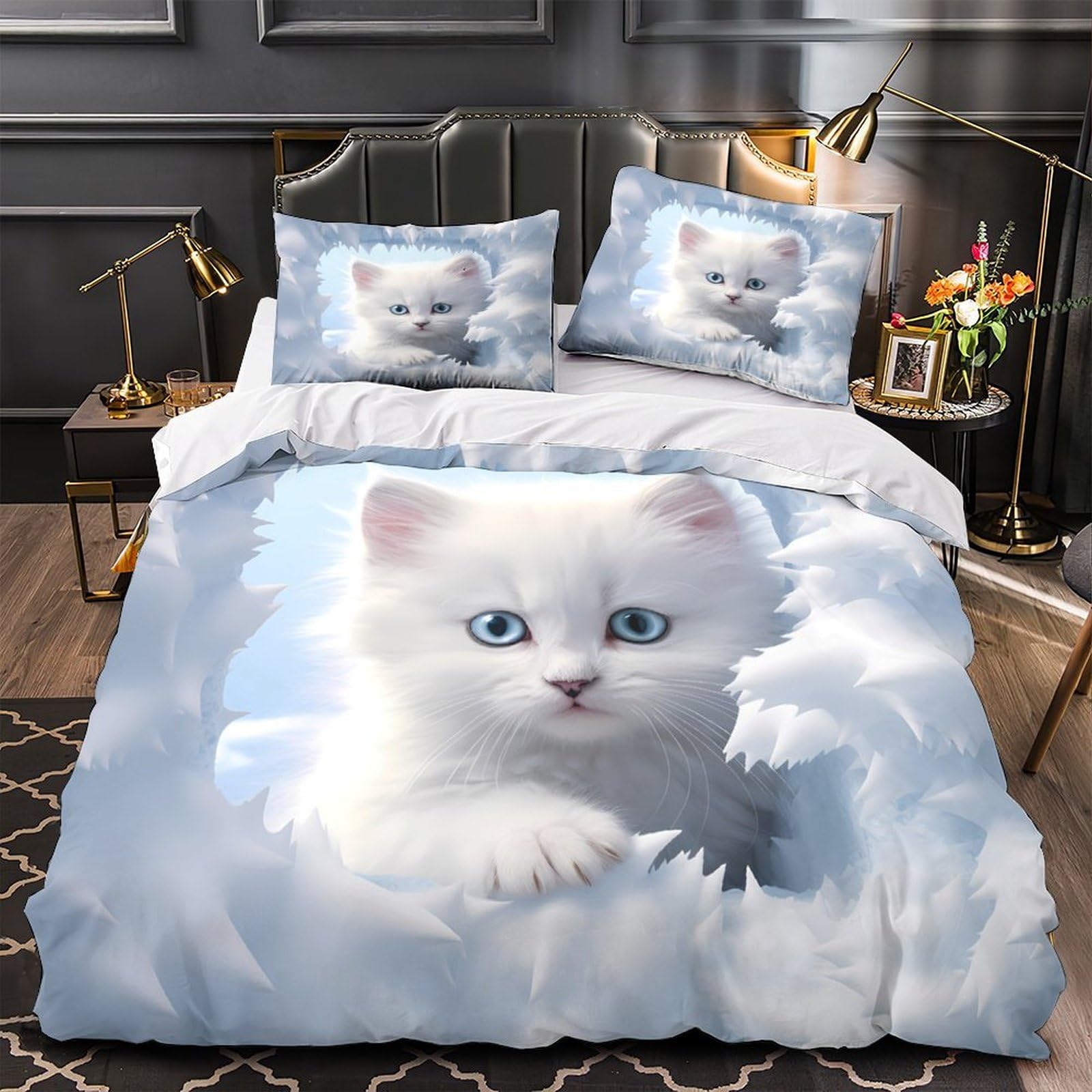 MMDASBVPE White Kitten Duvet Cover 3D Design Printed Wrinkle-Resistant 3 Pieces Bedding Set Zipper Comforter Cover Ultra Soft Durable for Teens Kids Girls Boys Women Adults Single（140x200cm）