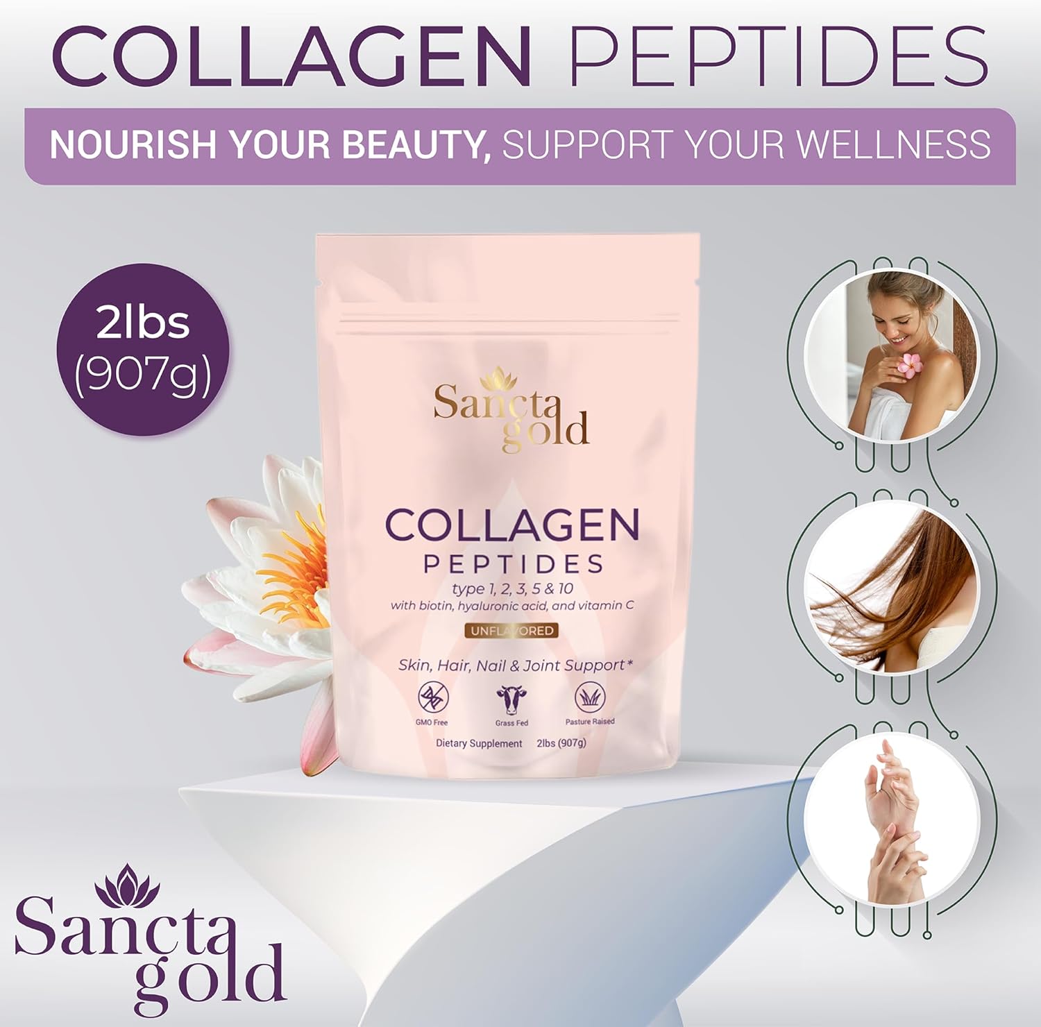 Multi Collagen Peptides Powder, 2 lbs, for Skin, Hair & Nails, Type I, II, III, V, X Hydrolyzed Collagen Peptides with Hyaluronic Acid & Vitamin C, Unflavored Protein Supplement for Women - Image 2