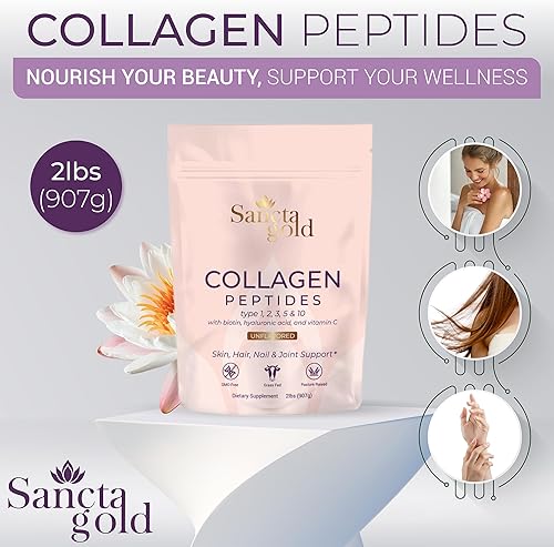 Péptidos multicolágeno en polvo, 2 libras, para piel, cabello y uñas, tipo I, II, III, V, X, péptidos de colágeno hidrolizados con ácido hialurónico