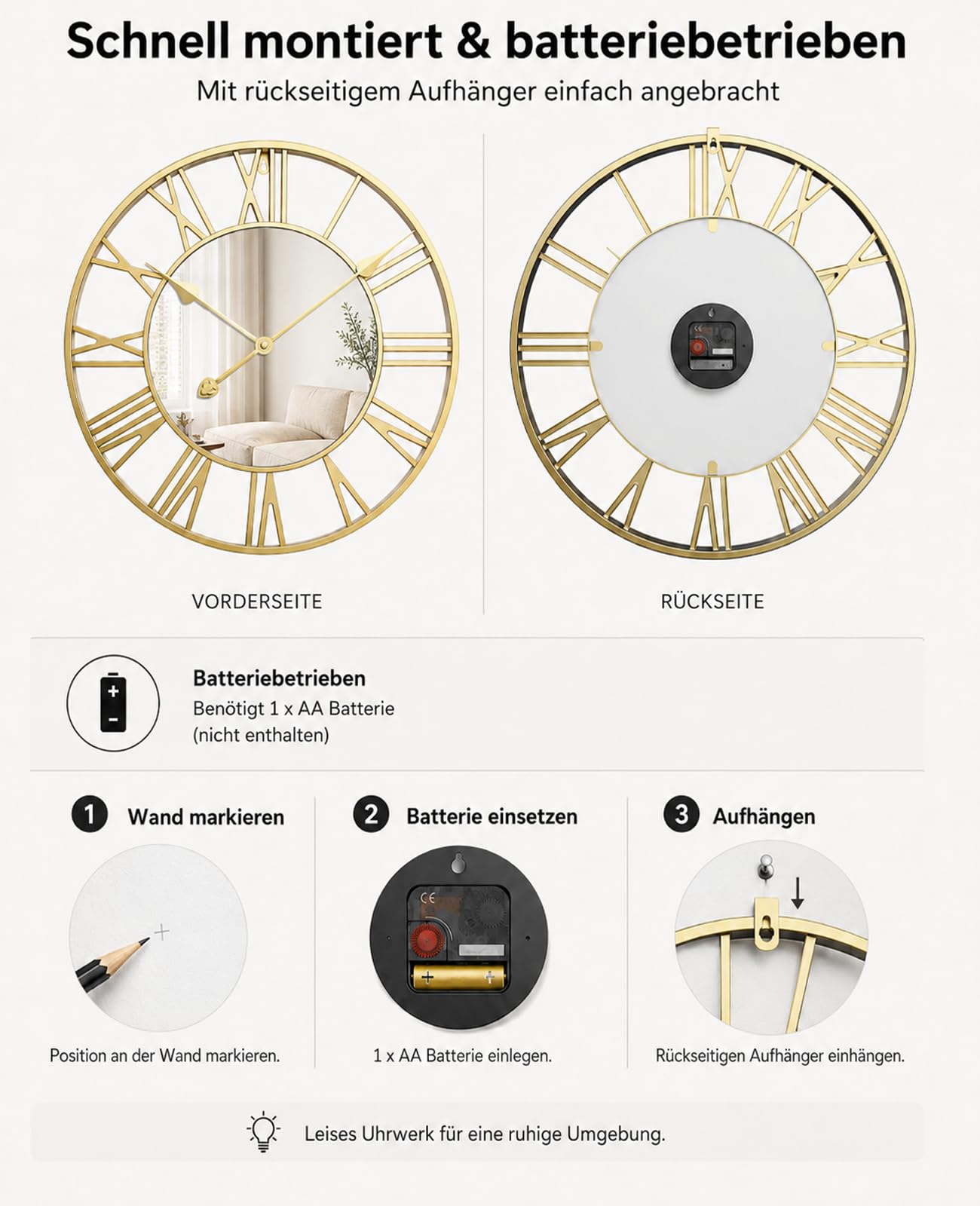 Wanduhr Gold 50 cm lautlos mit römischen Ziffern und Metallrahmen