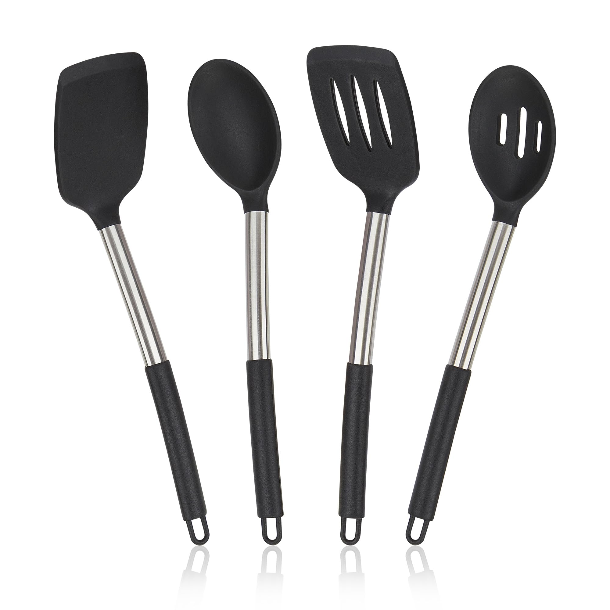 4 Pack Silicone Utensils Set, Non Stick Solid Spatulas, Heat Resistant Blue Slotted Spoons with Stainless Steel Handle, BPA Free Cooking Turner for