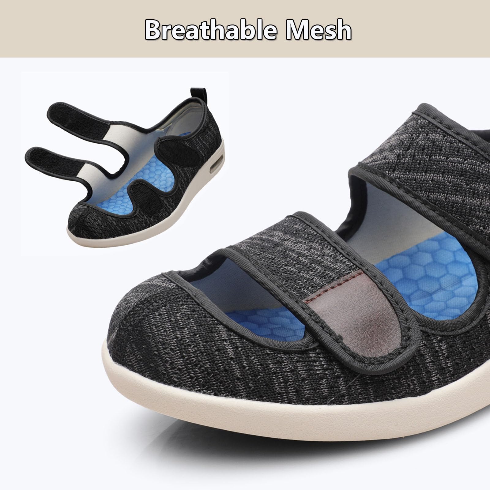 Buty męskie dla diabetyków, oddychające buty przeciwobrzękowe z pianką memory foam, dla osób starszych i z opuchniętymi stopami, łatwe do zakładania i zdejmowania (Black us Men 6)