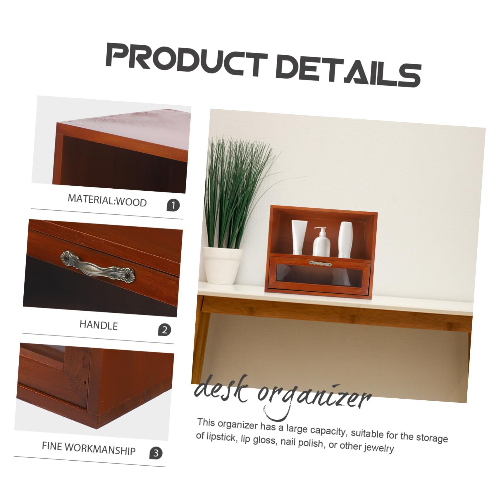 Mikikit Organizer Da Scrivania in Legno Massello Con Mini Cassettiera Divisori Interni Porta Trucchi e Gioielli Multifunzione Design Compatto e Robusto Per Ufficio e Casa