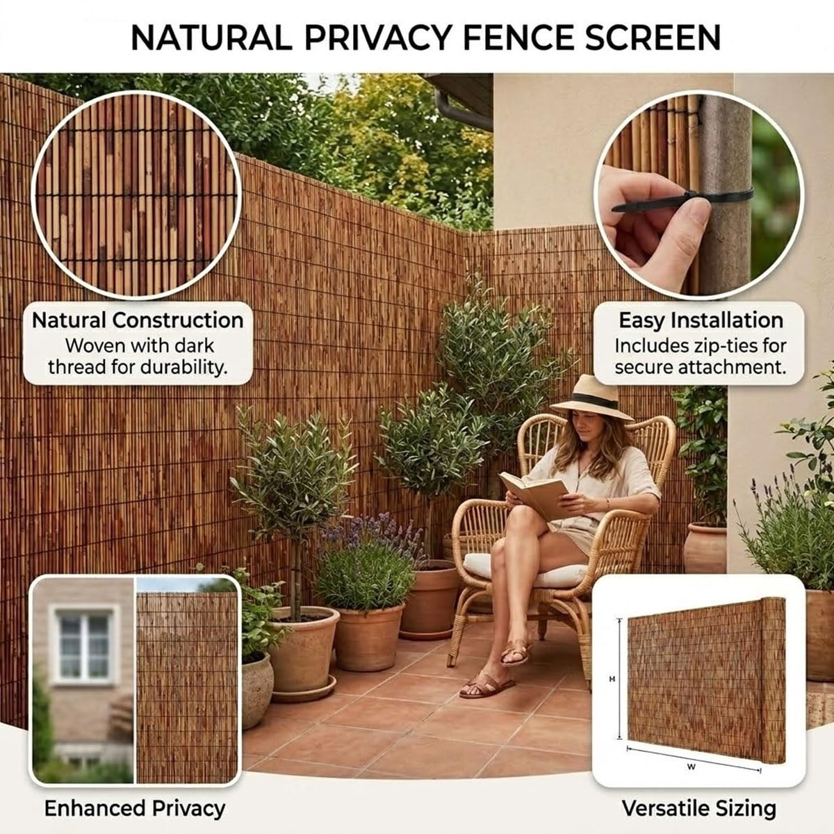 Rollo de Cañizo Natural para Ocultación, Valla de Caña Pantalla de Privacidad, Cerramiento Exterior Decorativo para Jardín Balcón Terraza Patio, Protección Visual(91x853cm(3x28ft))