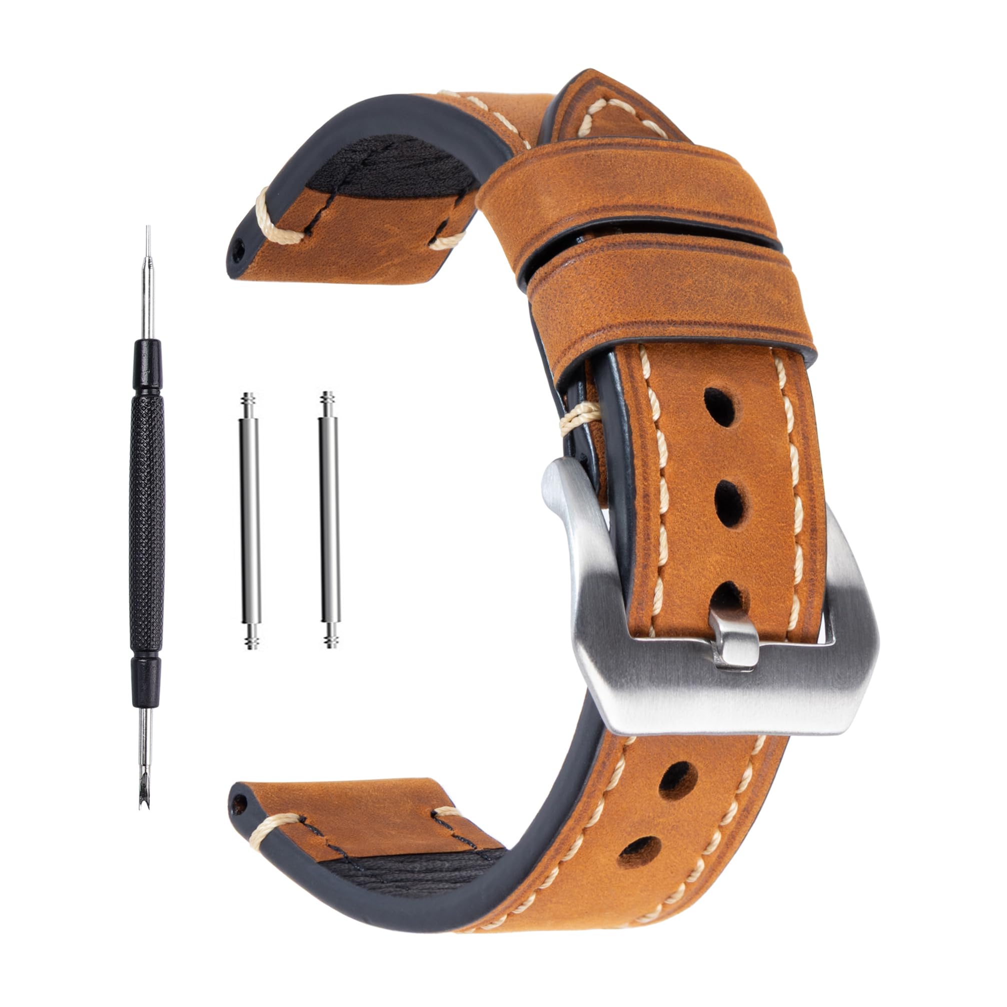 Berfine Brown 22mm Genuine Leather Wristwatch Watch Band Oil Tan Vintage Watchband for Men with Stainless Buckle