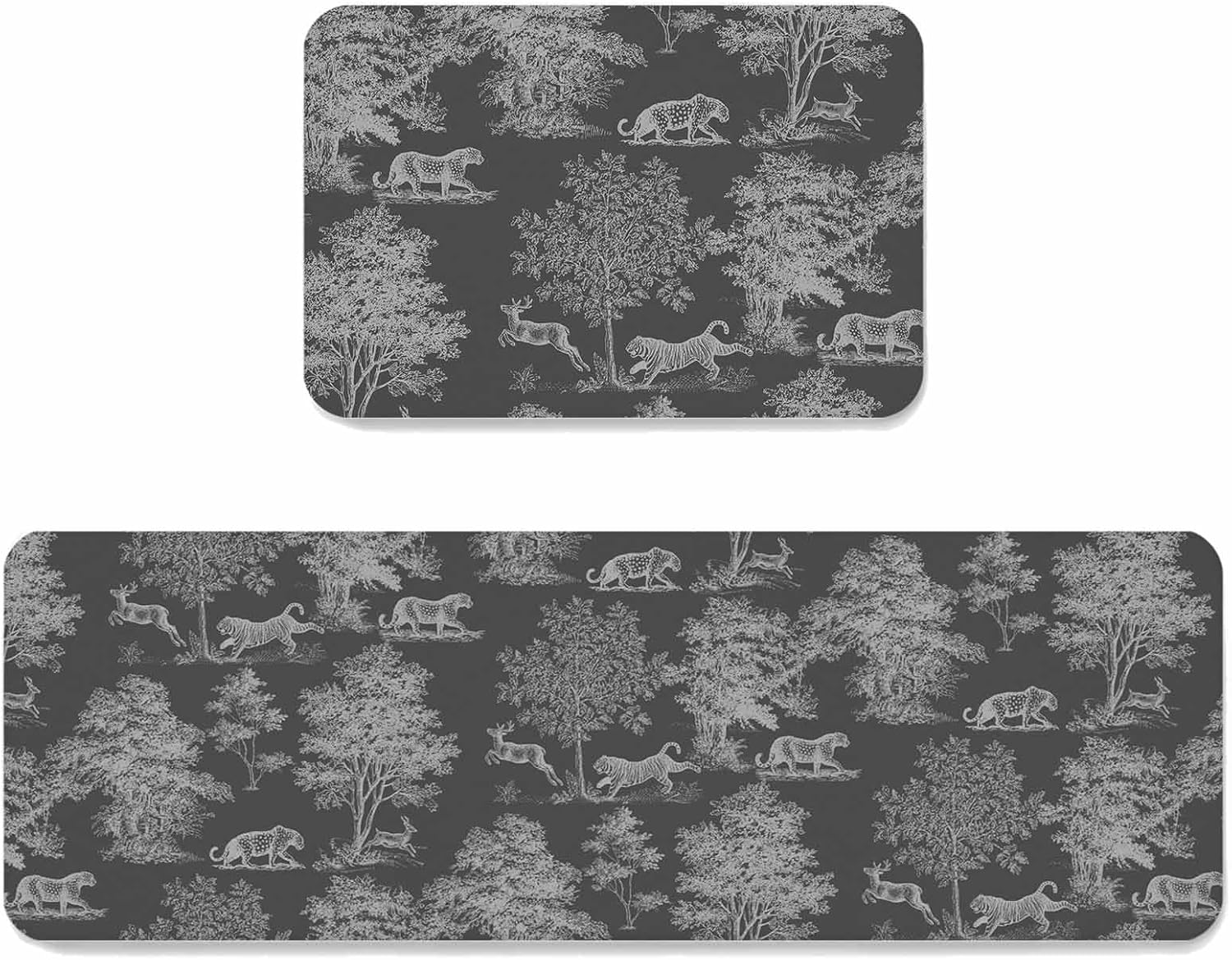 Prime Leader Forest Animal Kitchen Mat Set 2 Pieces Vintage Forest Deer Leopard Dark Grey Non Slip Kitchen Rugs Washable Runner Rug Mats for Sink Laundry (19.7" x 31.5"+19.7" x 47.2")