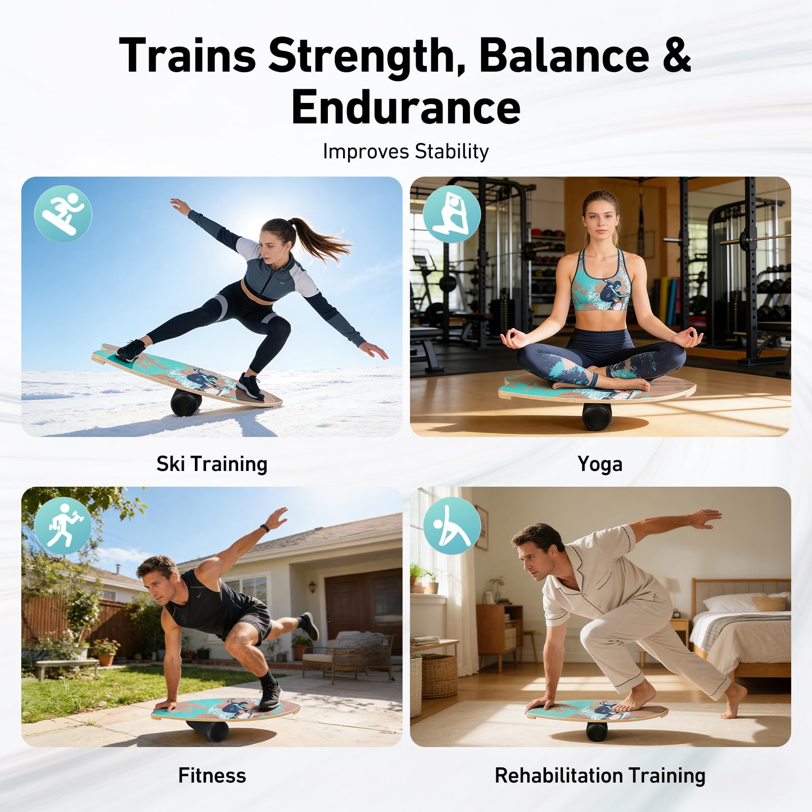 Balance Board 75x28cm 15mm Dickes, Tragfähigkeit 150Kg Holz Balanceboard Erwachsene Kinder mit Rolle & Stand, Core Training Gleichgewichtsboard für Surf, Skate, Yoga & Fitness
