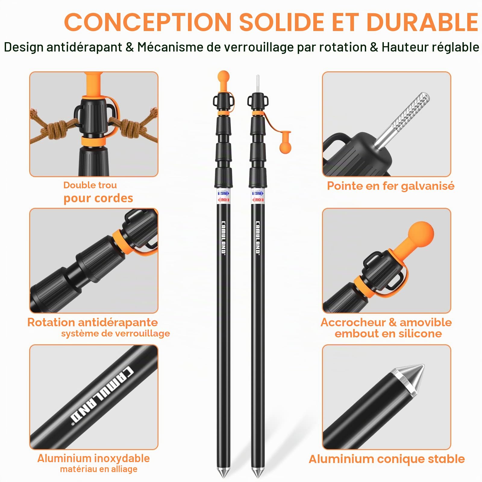 CAMULAND Barres de bâche, Poteaux de Tente Robustes Poteaux de Tente en Aluminium avec Fond Conique antidérapant, Poteaux de Tente télescopiques ajustablespour Camping, randonnée, hamac