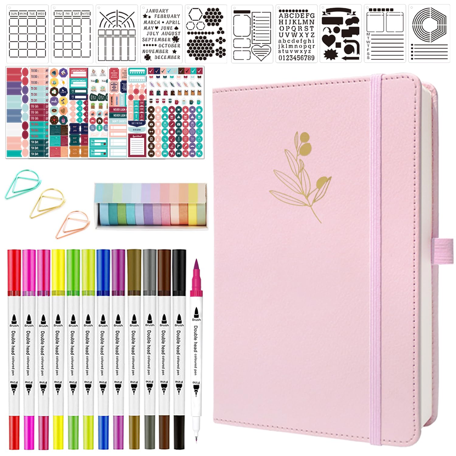 YINGIRON Y&I Bullet Dotted Journal Kit, A5 Hardcover Dotted Journal Notebook with 176 Pages, 120GSM Thick Paper, Stencils Stickers Pens Washi Tapes,