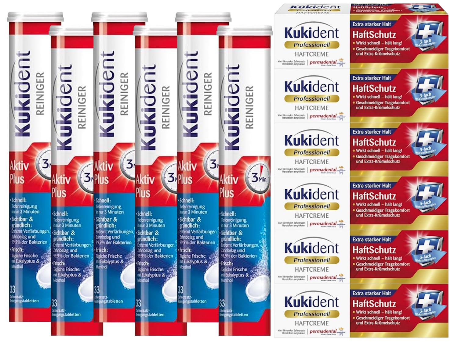Kukident Aktiv Plus 6x33 Tabs & Haftcreme Professionell Haftstark 6x40g – Großpackung für Zahnprothesenpflege mit kraftvoller Reinigung & starker Haftung – für täglichen Einsatz