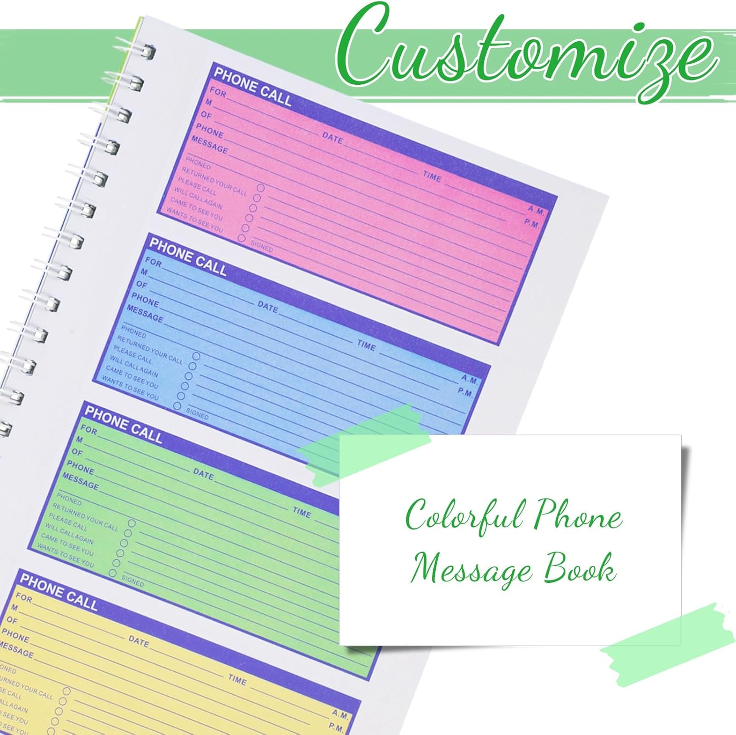Humyoun 5 Pcs Spiral Bound Phone Message Book with Carbon Copy 7.65 x 11 Inches Colorful Carbonless Telephone Message Pads Duplicate Spiral Phone Call Log Book for Business Office (Green)