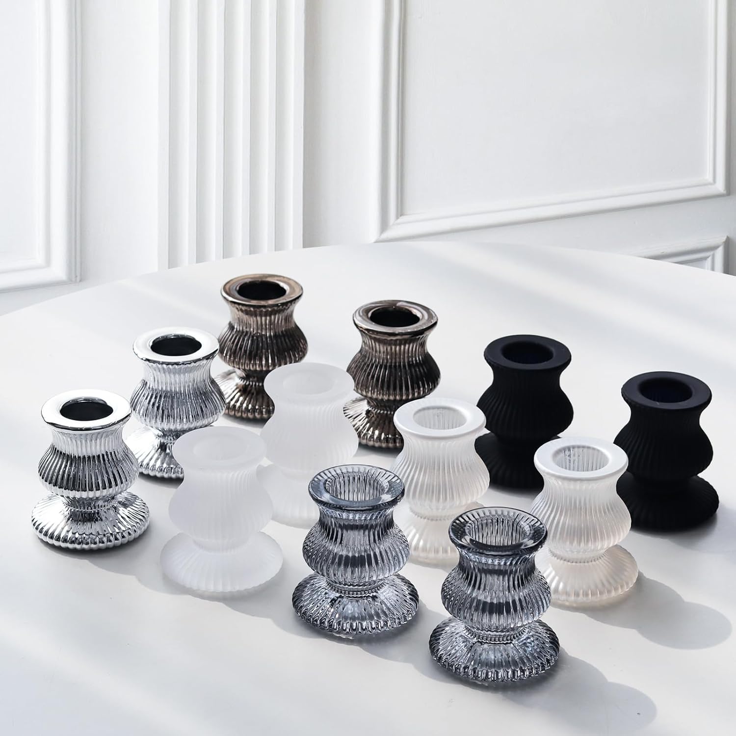 WDHODEC Black White Candlestick Holders 12PCS Glass Taper Candle Holders for Table Centerpiece Colorful Candle Sticks for Wedding, Party and Festival Decoration Black&white