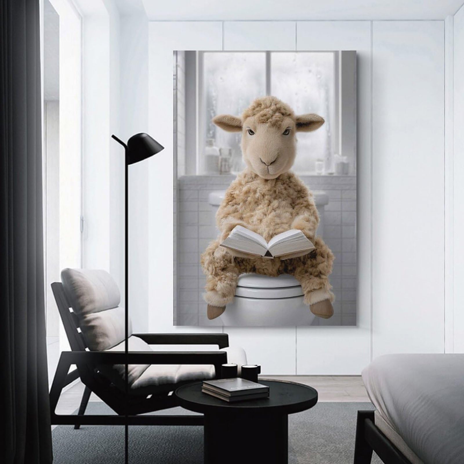Junmoney Unframe-Style-3 Sheep Reading A Book On A Toilet Home Decor Wall Art, 24X36inch(60X90cm), For Living Room, Bedroom Or Home Office, Home Decor Gift With Stylish Appeal