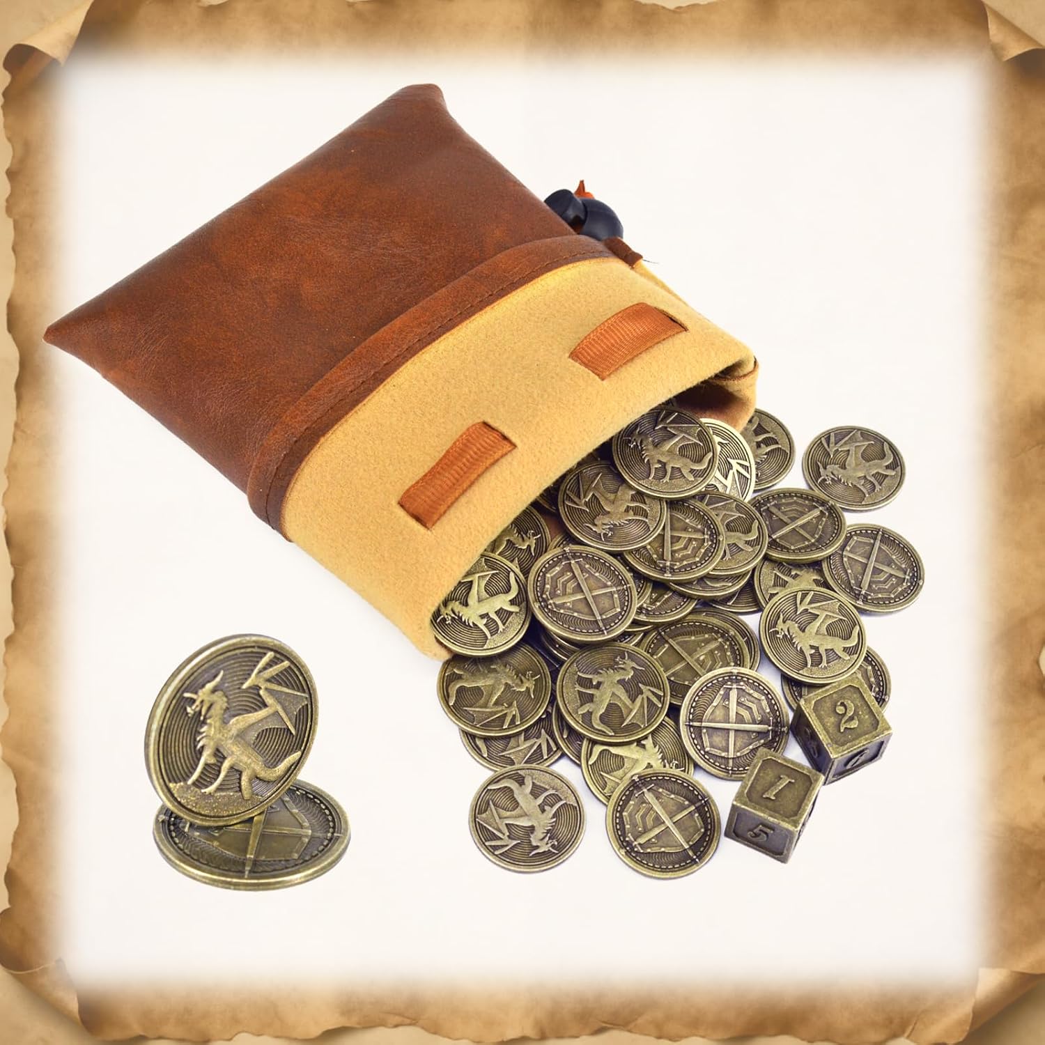 Vintage Tabletop Role-Playing Game Metal Coins, Dice and Storage Bag— Includes 100 Dragon-Themed Coins, 2 Dice (Featuring Dragon and Sword/Shield Designs) Metal Tokens for TTRPG